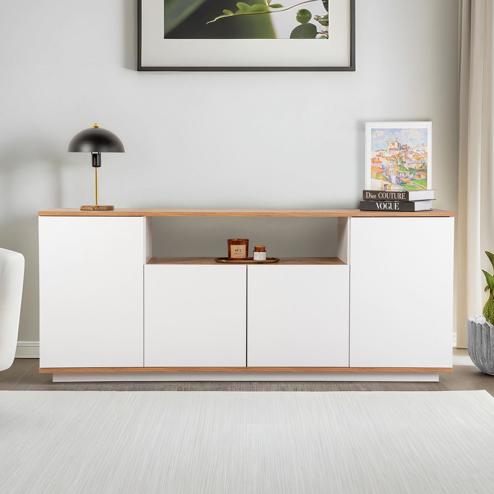 Aparador Elegante, Branco e Pinho Atlântico, 180 x 75 x 44,5 cm | Painel de Partículas 100% Revestido com Melamina, 18 mm de Espessura | Perfeito para Espaços Modernos