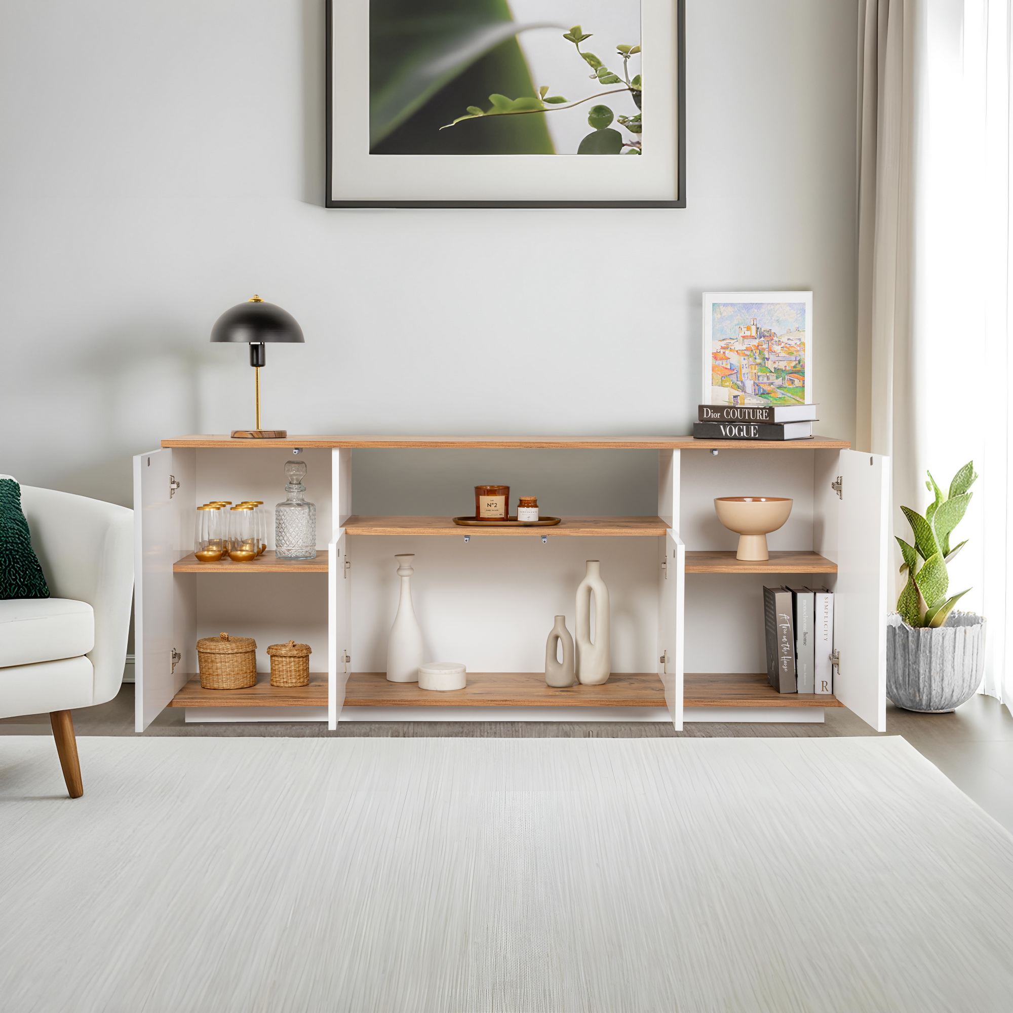 Aparador Elegante, Branco e Pinho Atlântico, 180 x 75 x 44,5 cm | Painel de Partículas 100% Revestido com Melamina, 18 mm de Espessura | Perfeito para Espaços Modernos