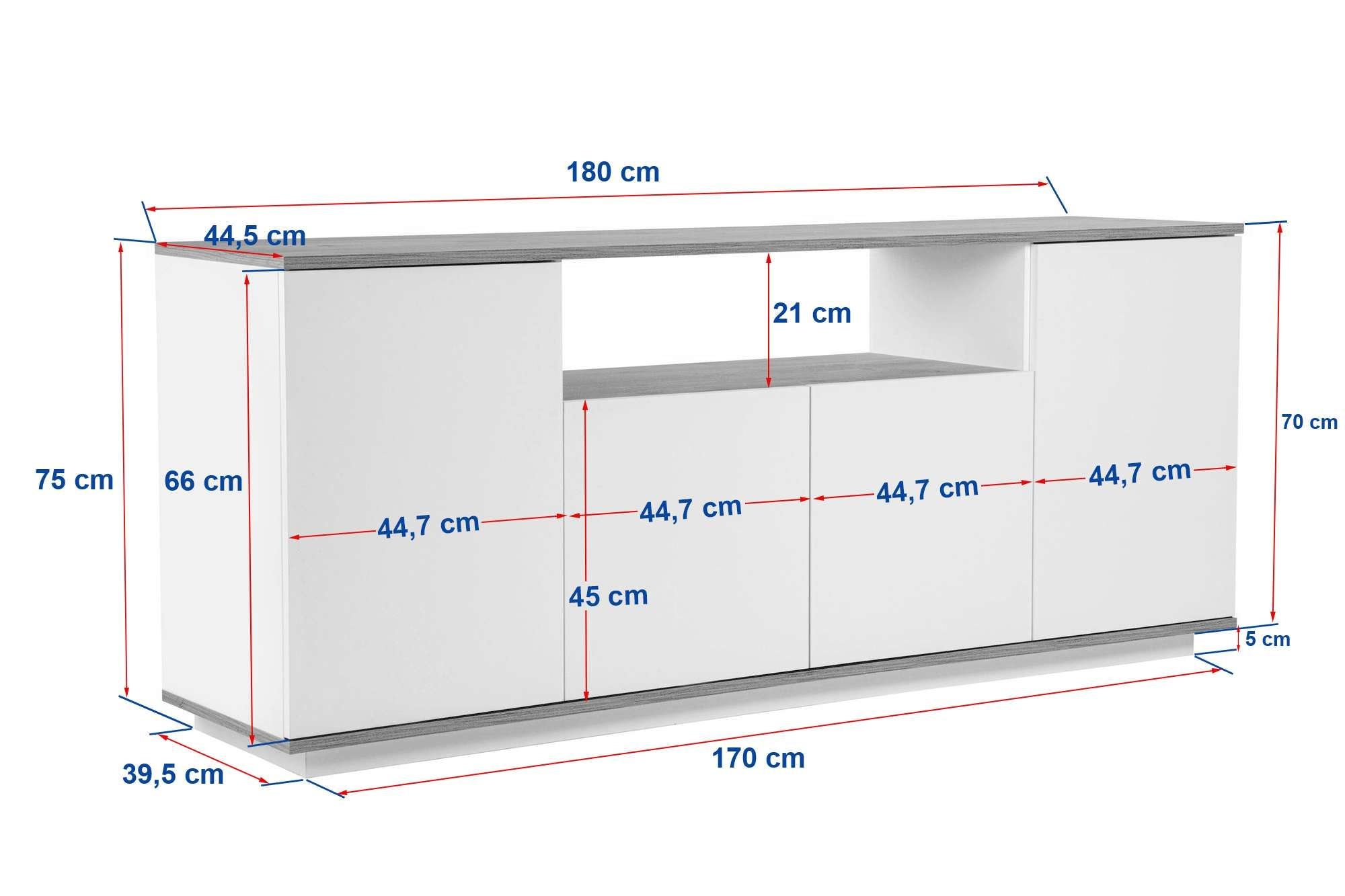 Aparador Elegante, Branco e Pinho Atlântico, 180 x 75 x 44,5 cm | Painel de Partículas 100% Revestido com Melamina, 18 mm de Espessura | Perfeito para Espaços Modernos
