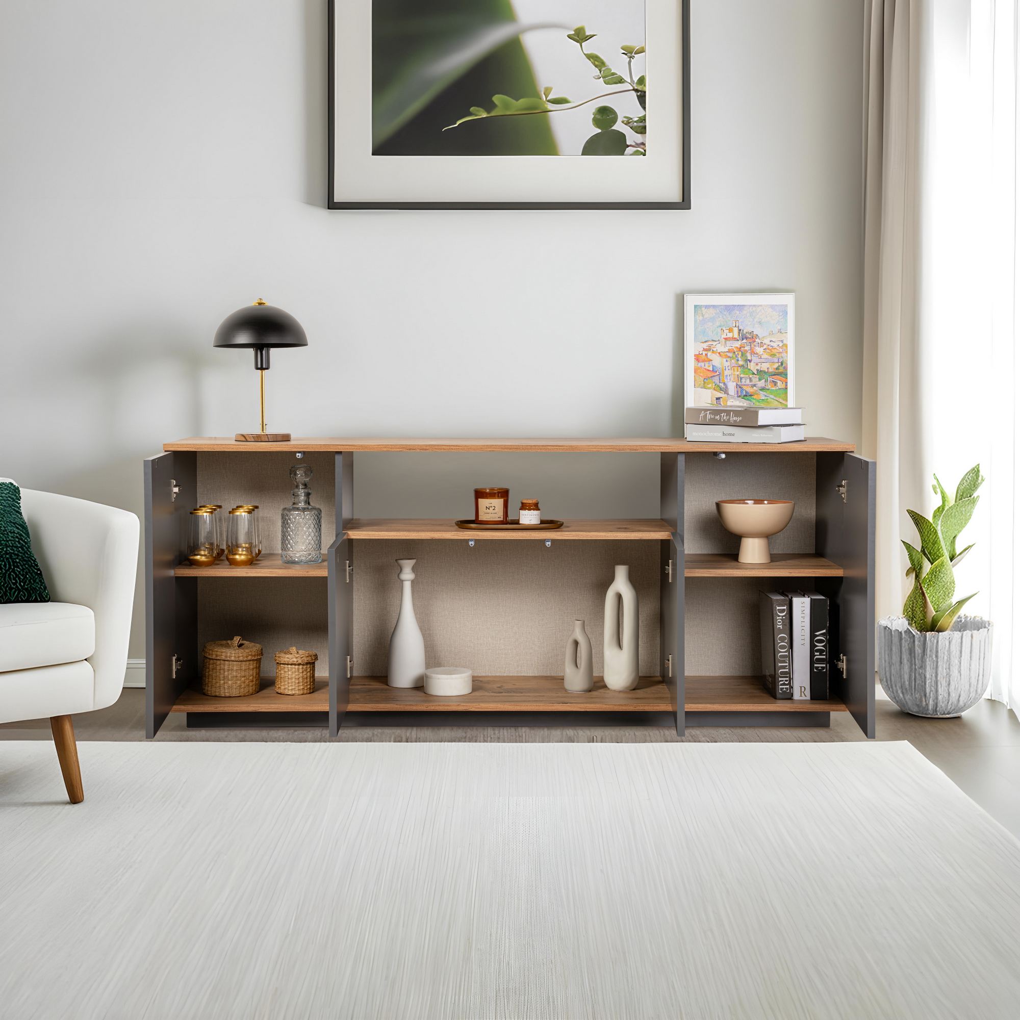 Aparador Elegante, Antracite e Pinho Atlântico, 180 x 75 x 44,5 cm | Painel de Partículas 100% Revestido com Melamina, 18 mm de Espessura | Perfeito para Espaços Modernos