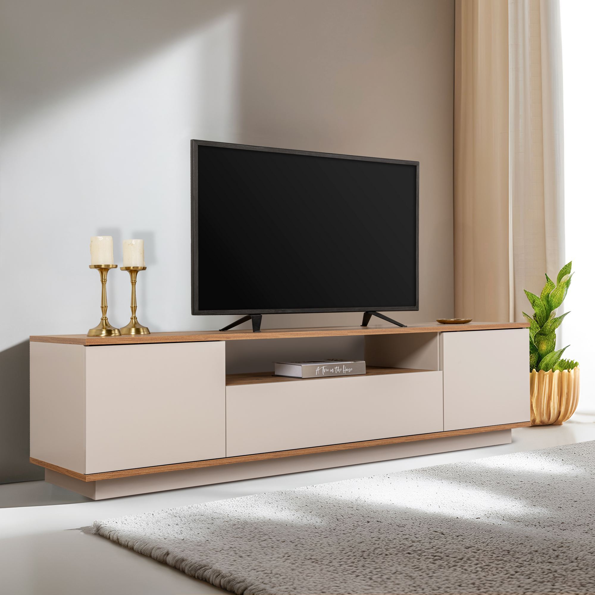Suporte de TV elegante, 180 cm, caxemira e pinho do Atlântico | Painel de partículas 100% revestido de melamina, 18 mm de espessura | Perfeito para salas de estar e espaços de entretenimento modernos
