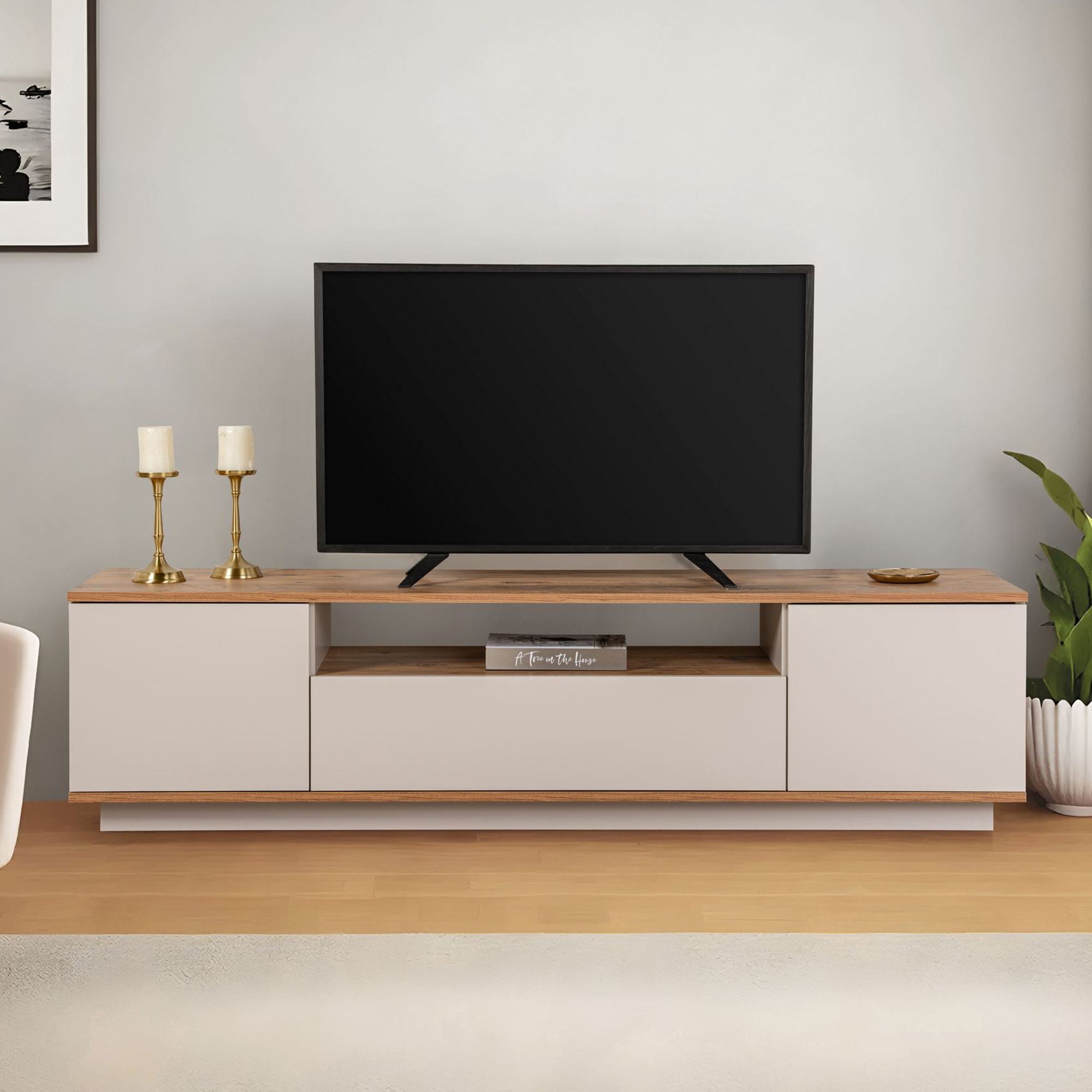 Suporte de TV elegante, 180 cm, caxemira e pinho do Atlântico | Painel de partículas 100% revestido de melamina, 18 mm de espessura | Perfeito para salas de estar e espaços de entretenimento modernos