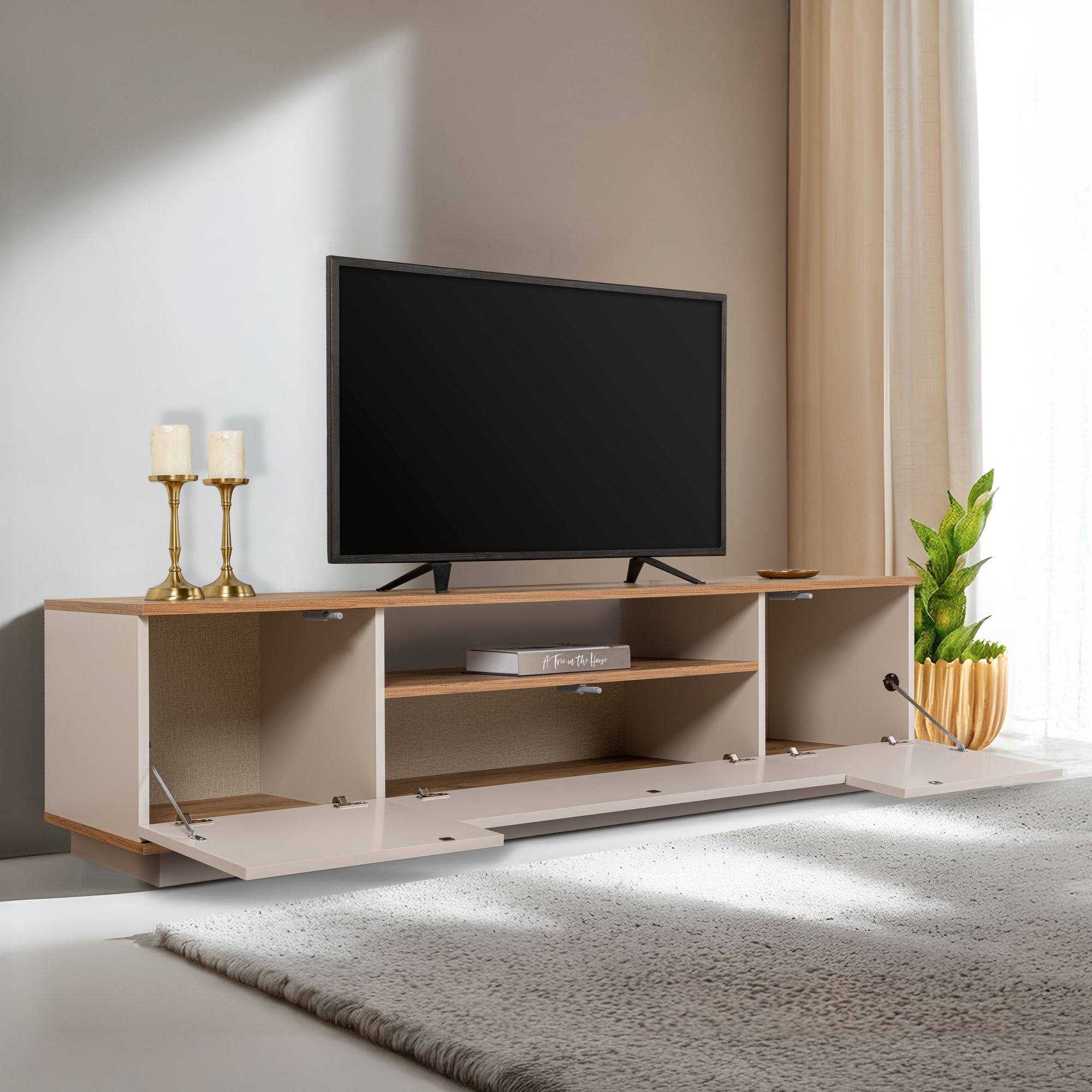 Suporte de TV elegante, 180 cm, caxemira e pinho do Atlântico | Painel de partículas 100% revestido de melamina, 18 mm de espessura | Perfeito para salas de estar e espaços de entretenimento modernos