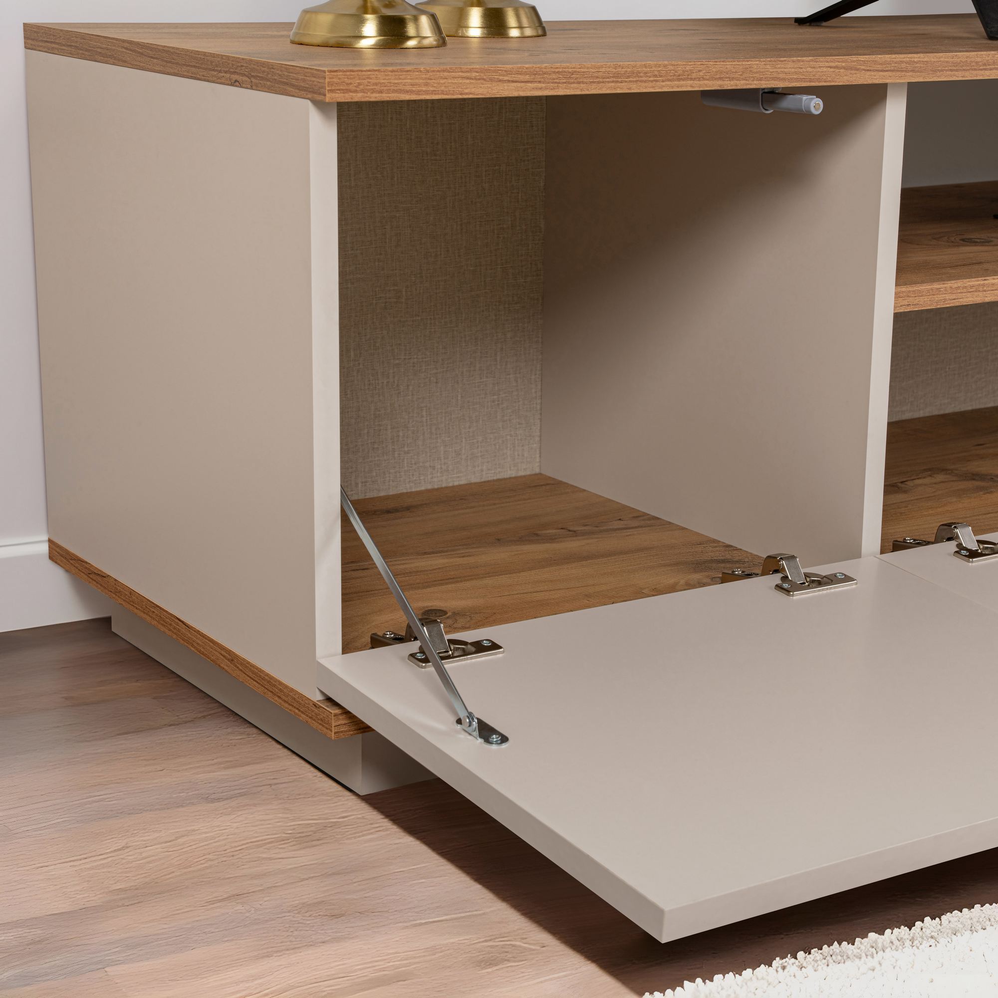 Suporte de TV elegante, 180 cm, caxemira e pinho do Atlântico | Painel de partículas 100% revestido de melamina, 18 mm de espessura | Perfeito para salas de estar e espaços de entretenimento modernos