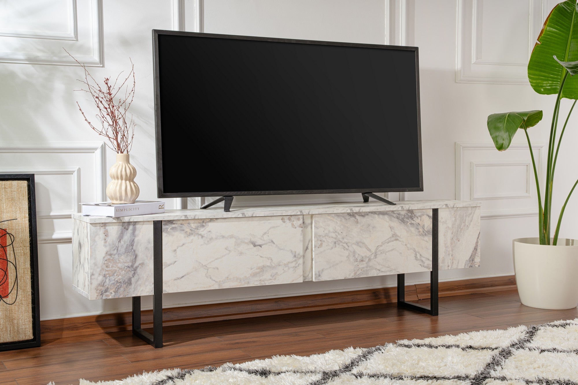Suporte de TV elegante, mármore frésia e preto, 180 x 50 x 29,5 cm | Painel de partículas 100% revestido de melamina, 18 mm de espessura | Elegante e funcional para salas de estar modernas