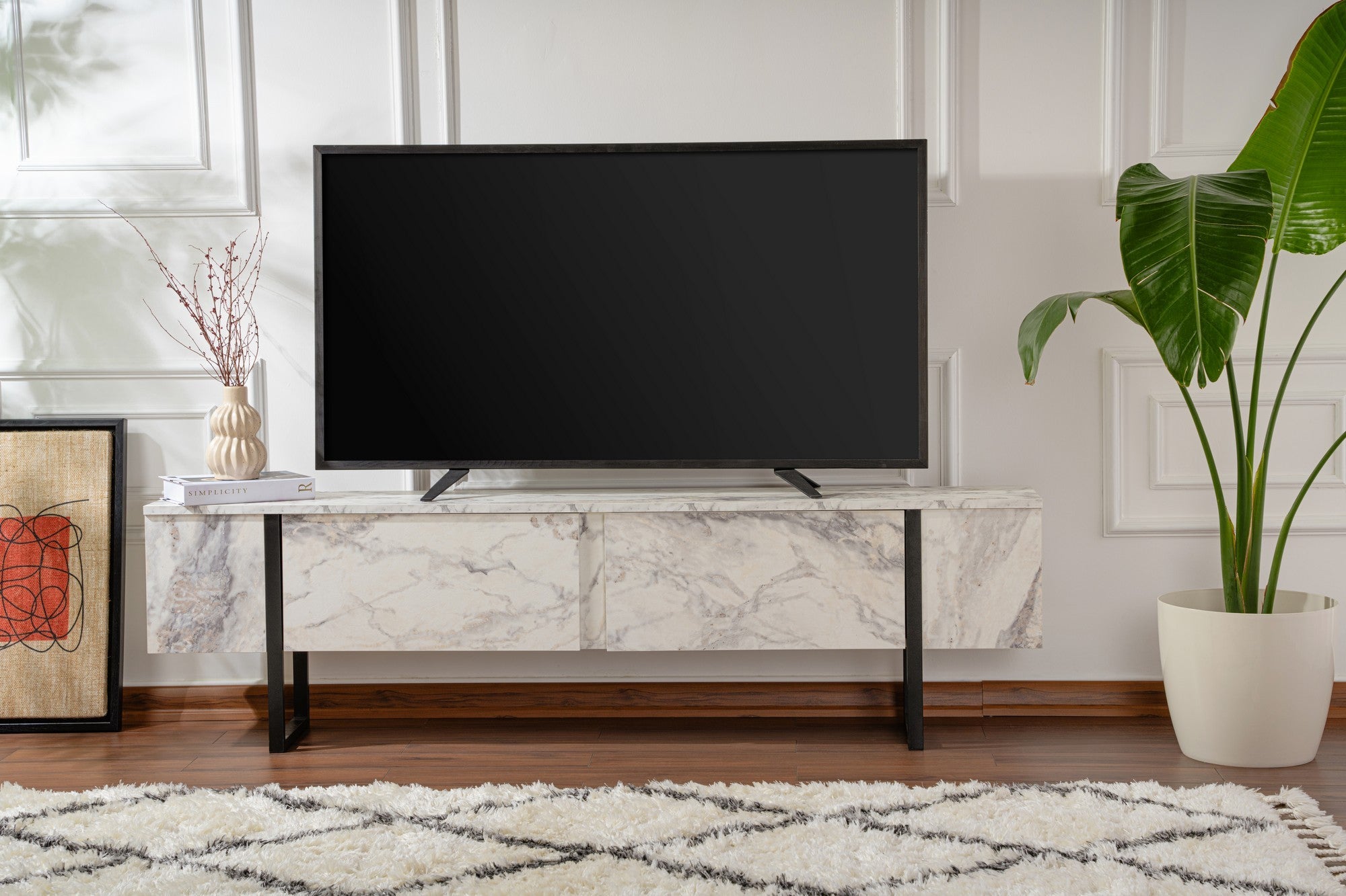 Suporte de TV elegante, mármore frésia e preto, 180 x 50 x 29,5 cm | Painel de partículas 100% revestido de melamina, 18 mm de espessura | Elegante e funcional para salas de estar modernas