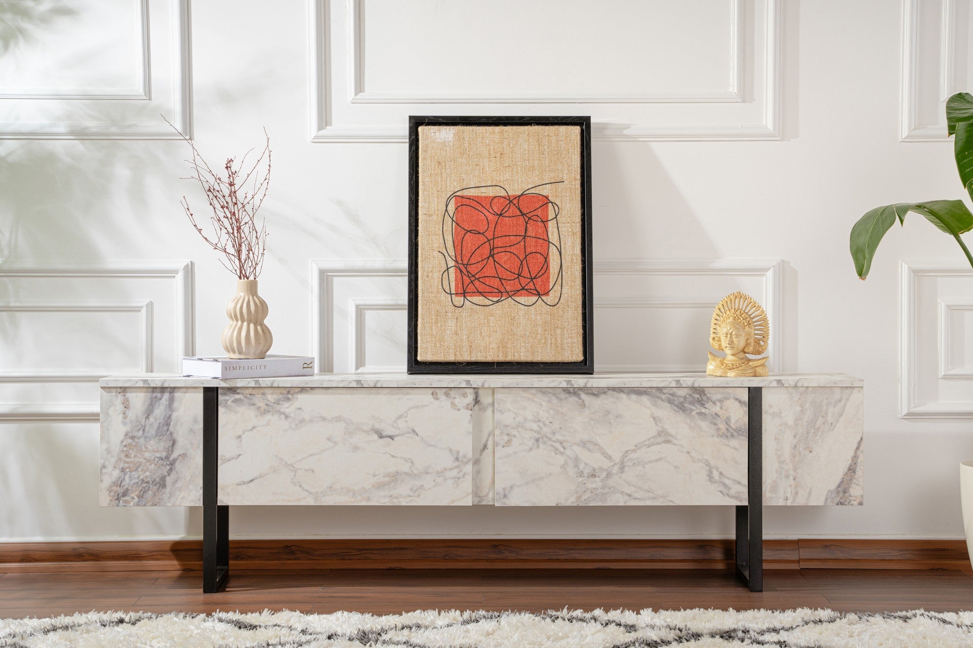 Suporte de TV elegante, mármore frésia e preto, 180 x 50 x 29,5 cm | Painel de partículas 100% revestido de melamina, 18 mm de espessura | Elegante e funcional para salas de estar modernas