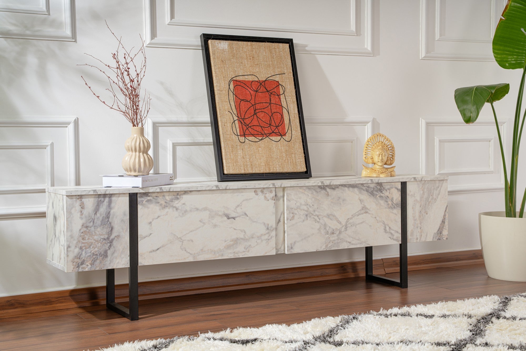 Suporte de TV elegante, mármore frésia e preto, 180 x 50 x 29,5 cm | Painel de partículas 100% revestido de melamina, 18 mm de espessura | Elegante e funcional para salas de estar modernas