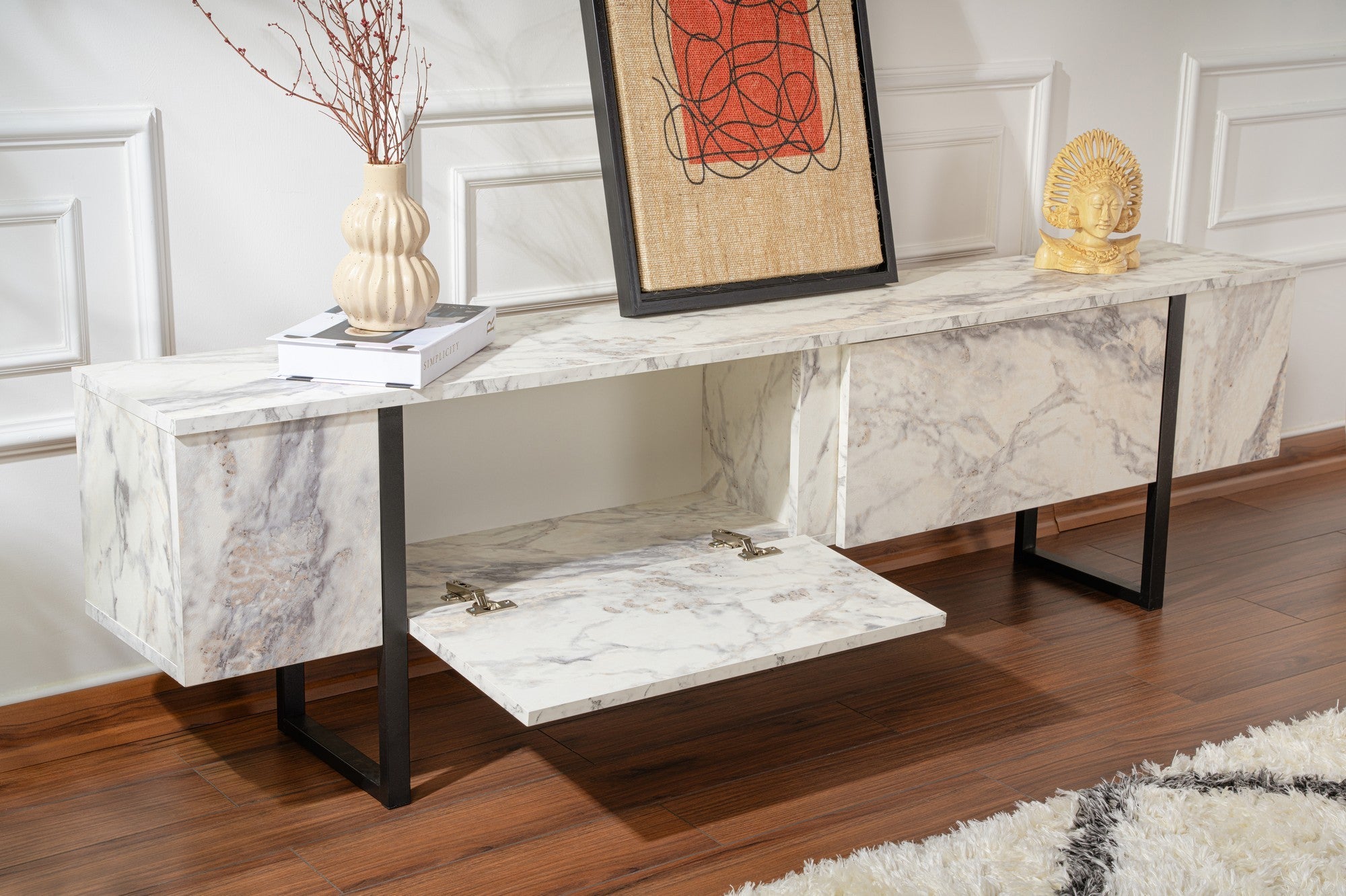 Suporte de TV elegante, mármore frésia e preto, 180 x 50 x 29,5 cm | Painel de partículas 100% revestido de melamina, 18 mm de espessura | Elegante e funcional para salas de estar modernas