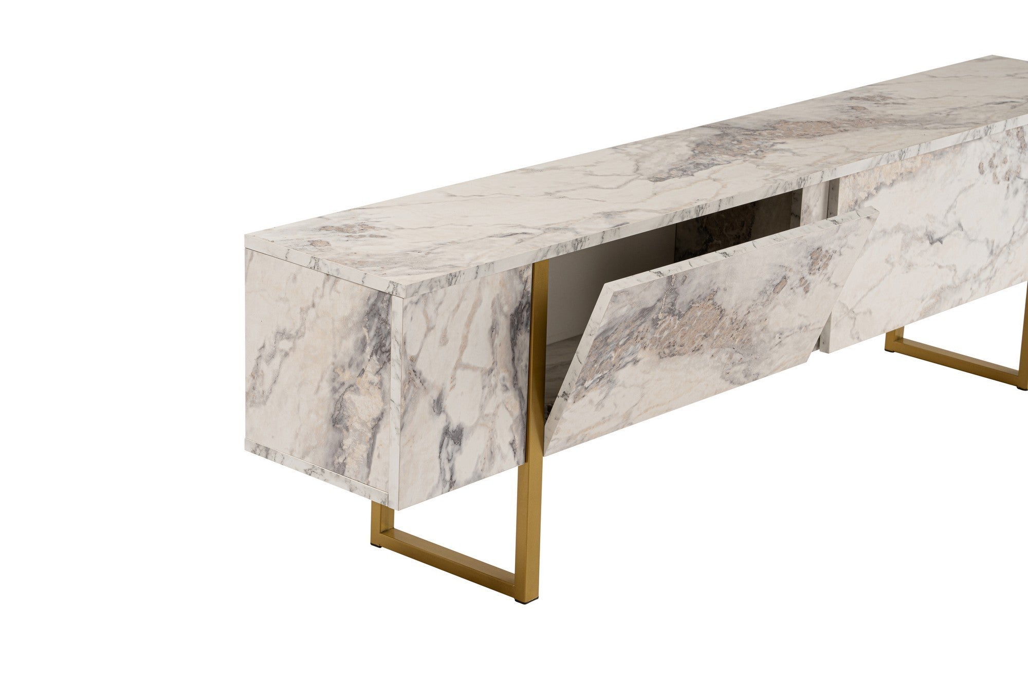 Elegante Móvel de TV com acabamento em mármore frésia e dourado, 180 cm | Painel de partículas 100% revestido em melamina, 18 mm de espessura | Elegante e funcional para salas de estar modernas
