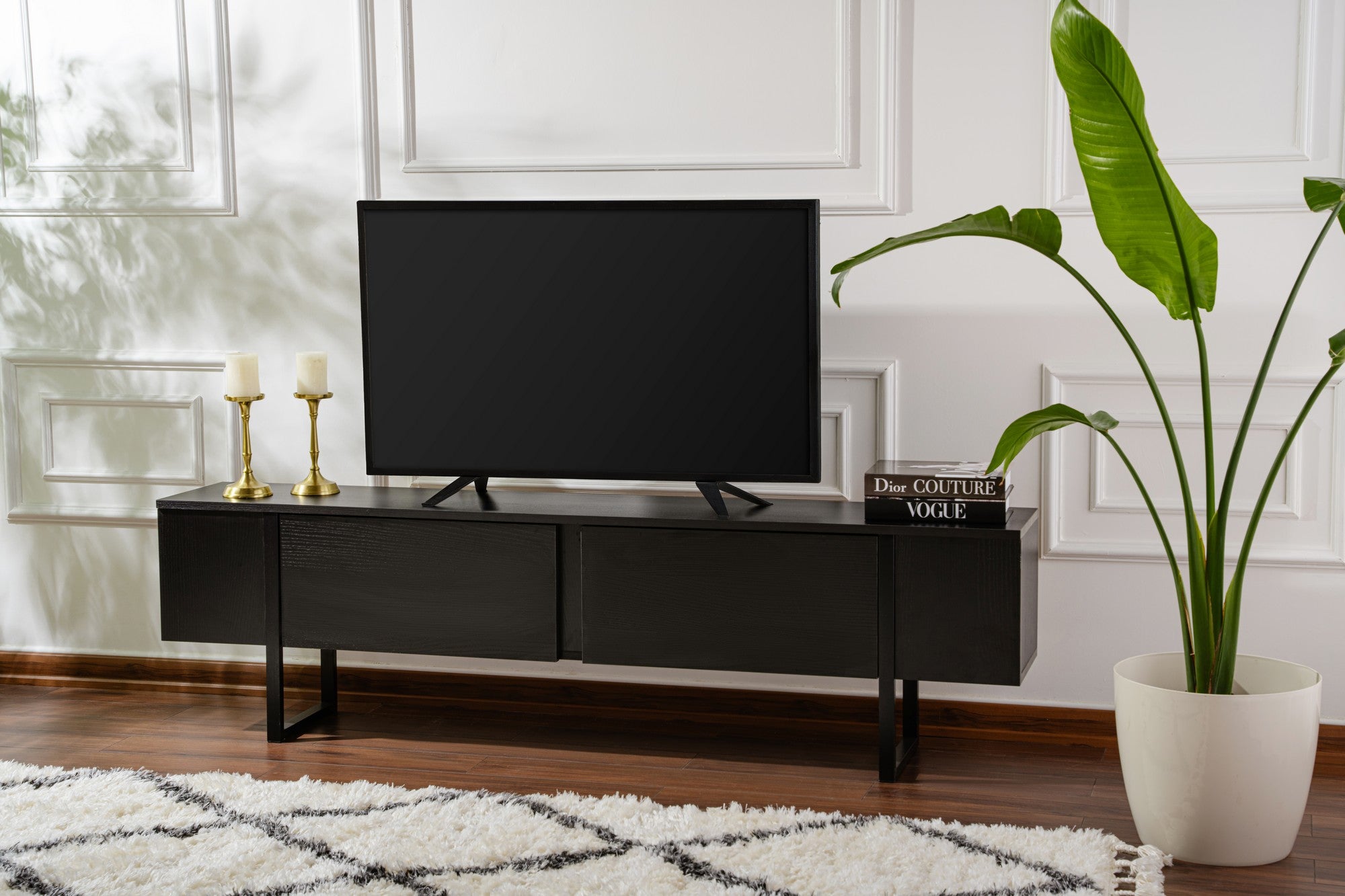 Suporte de TV elegante, 180 cm de largura, 50 cm de altura, 29,5 cm de profundidade | Painel de partículas 100% revestido de melamina, 18 mm de espessura | Acabamento em madeira preta elegante para salas de estar modernas