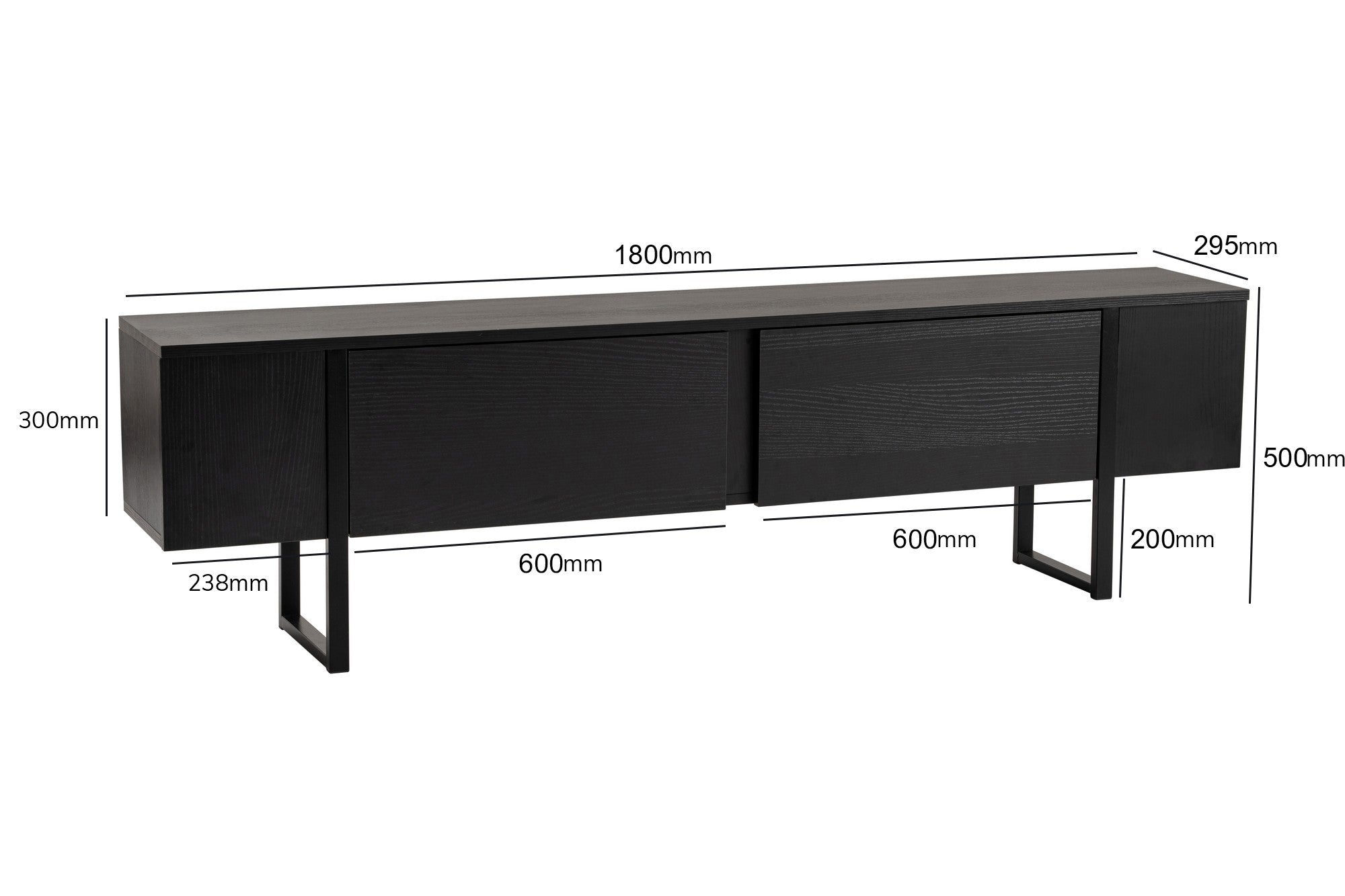 Suporte de TV elegante, 180 cm de largura, 50 cm de altura, 29,5 cm de profundidade | Painel de partículas 100% revestido de melamina, 18 mm de espessura | Acabamento em madeira preta elegante para salas de estar modernas