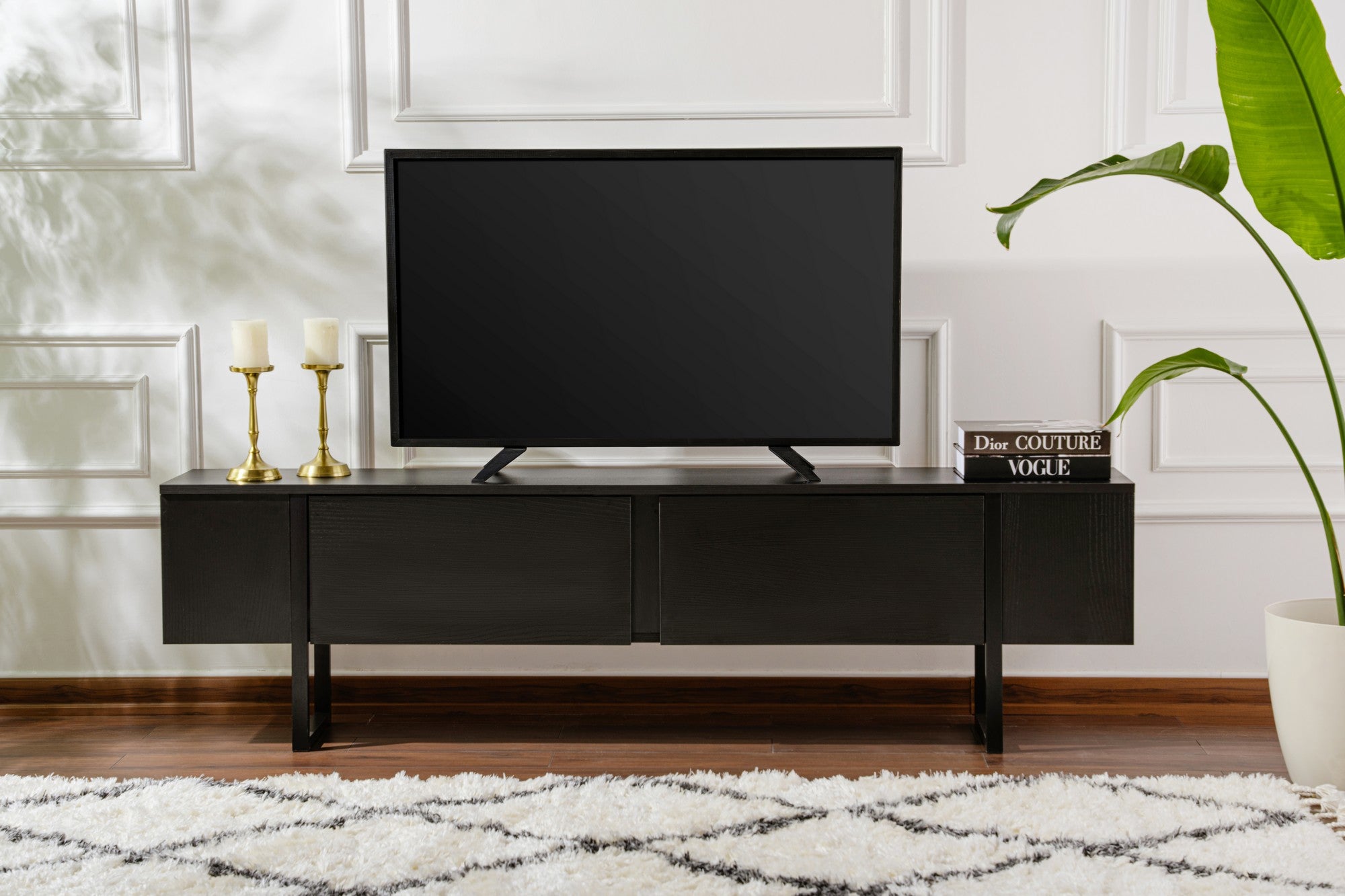 Suporte de TV elegante, 180 cm de largura, 50 cm de altura, 29,5 cm de profundidade | Painel de partículas 100% revestido de melamina, 18 mm de espessura | Acabamento em madeira preta elegante para salas de estar modernas