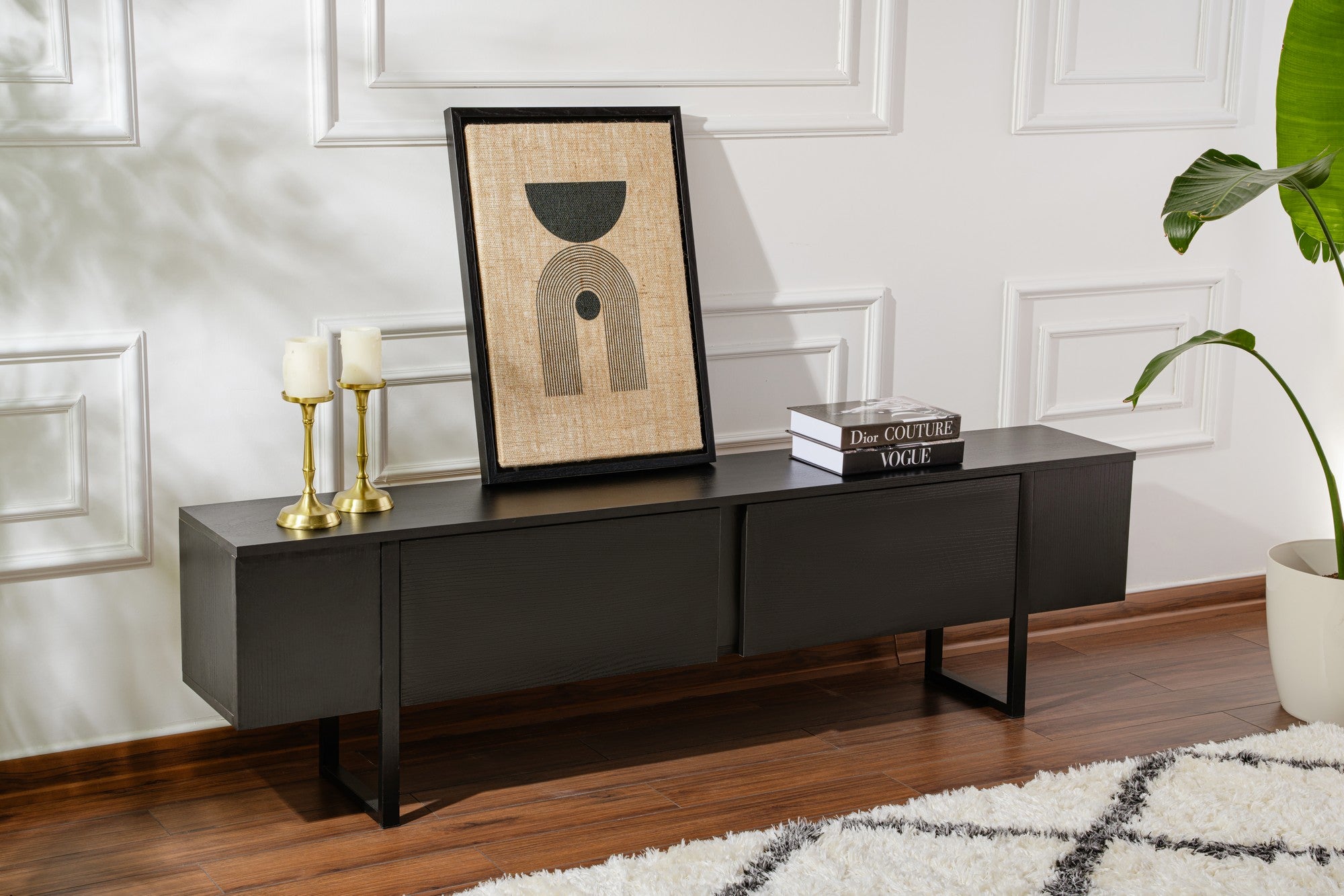 Suporte de TV elegante, 180 cm de largura, 50 cm de altura, 29,5 cm de profundidade | Painel de partículas 100% revestido de melamina, 18 mm de espessura | Acabamento em madeira preta elegante para salas de estar modernas