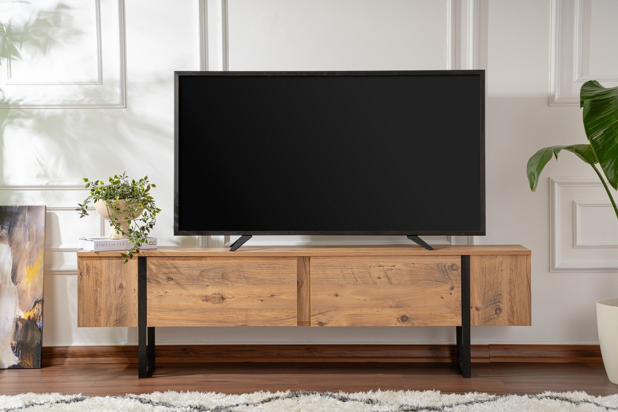 Suporte de TV elegante, pinho atlântico e preto, 180 x 50 x 29,5 cm | Painel de partículas 100% revestido de melamina, 18 mm de espessura | Design moderno para sala de estar