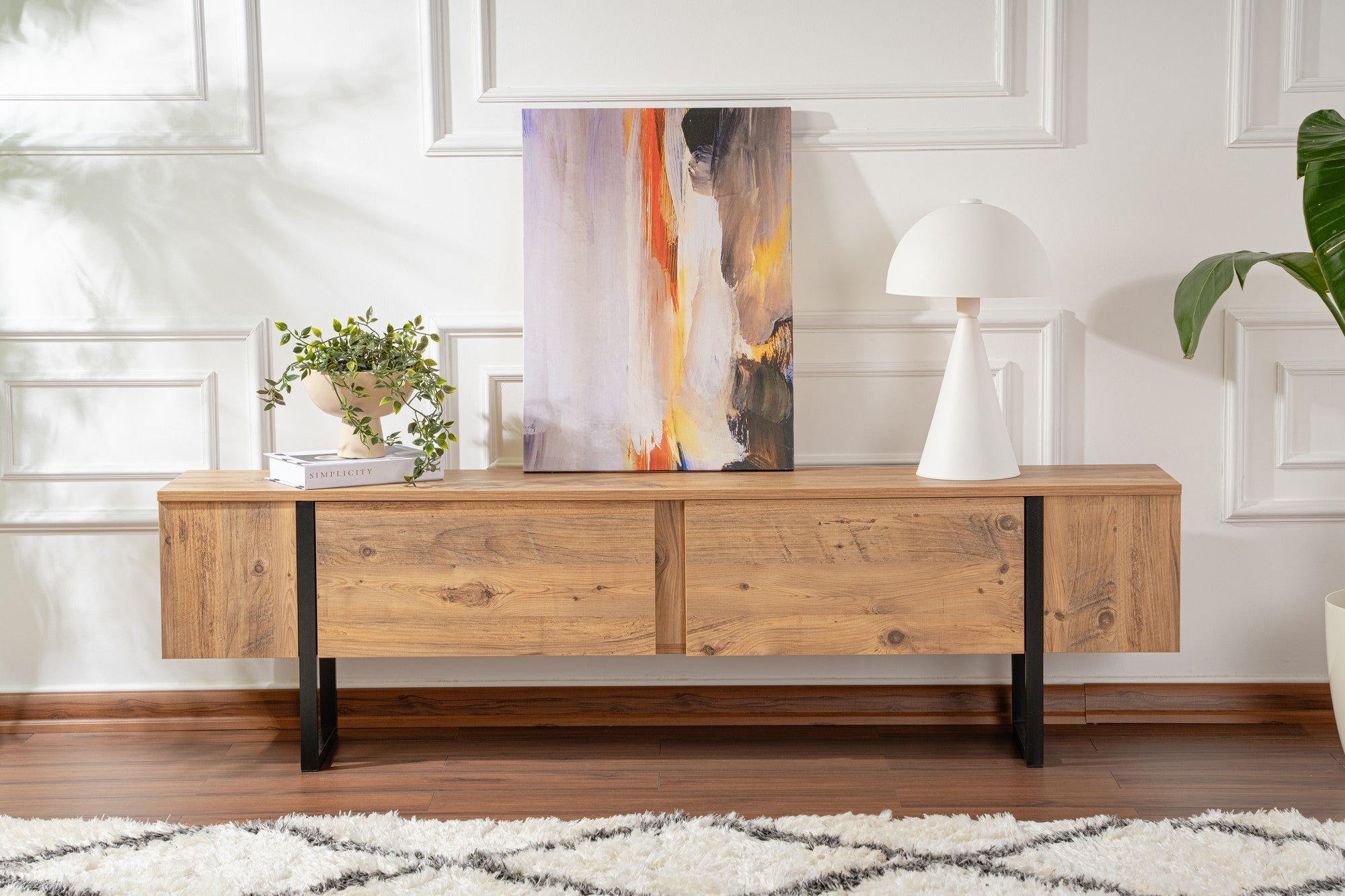 Suporte de TV elegante, pinho atlântico e preto, 180 x 50 x 29,5 cm | Painel de partículas 100% revestido de melamina, 18 mm de espessura | Design moderno para sala de estar