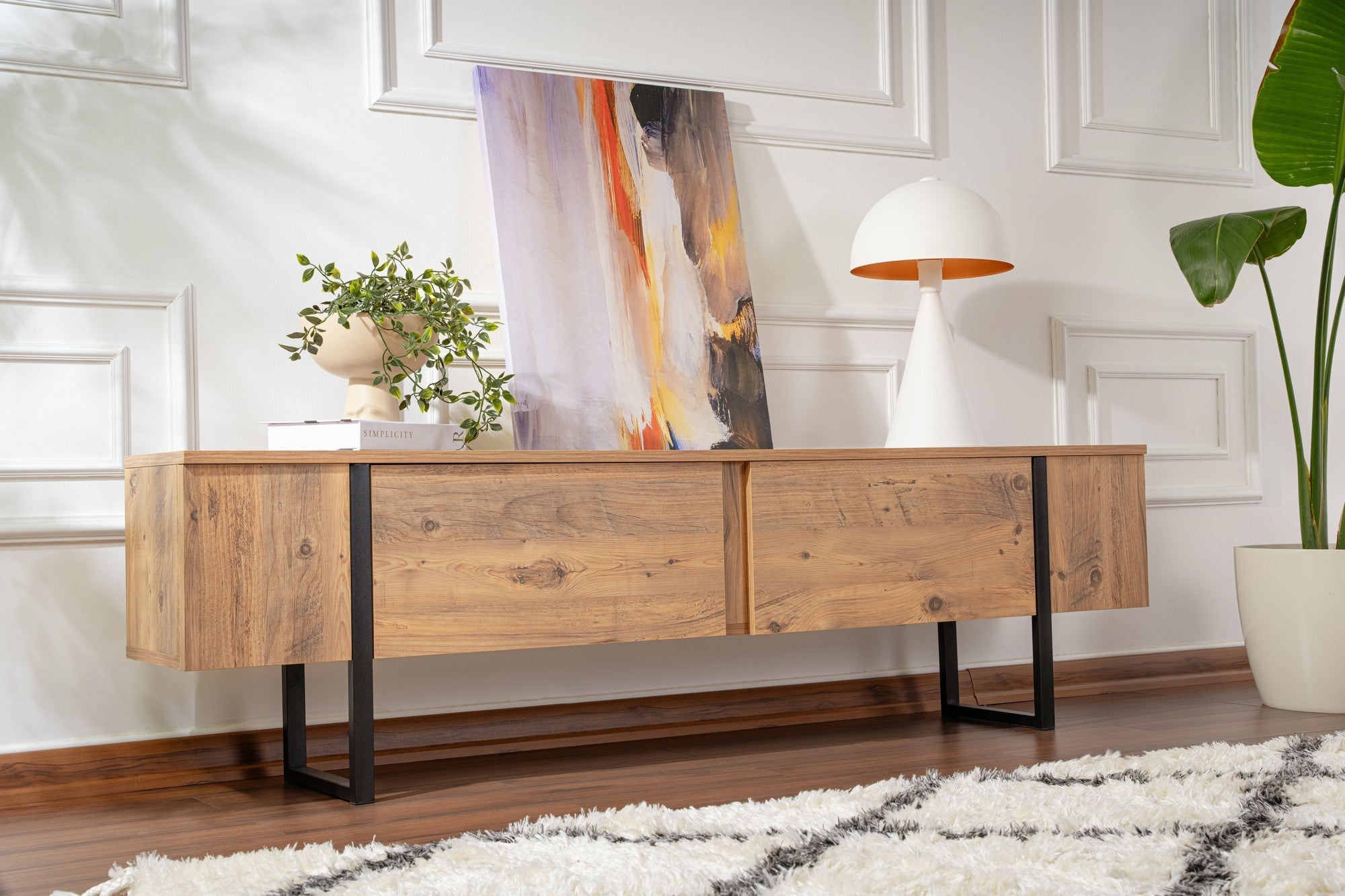 Suporte de TV elegante, pinho atlântico e preto, 180 x 50 x 29,5 cm | Painel de partículas 100% revestido de melamina, 18 mm de espessura | Design moderno para sala de estar