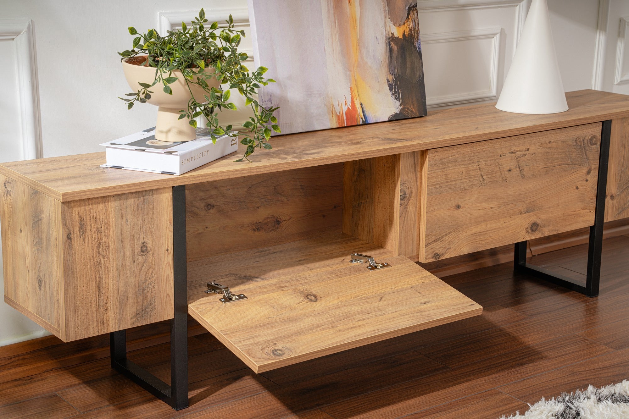 Suporte de TV elegante, pinho atlântico e preto, 180 x 50 x 29,5 cm | Painel de partículas 100% revestido de melamina, 18 mm de espessura | Design moderno para sala de estar