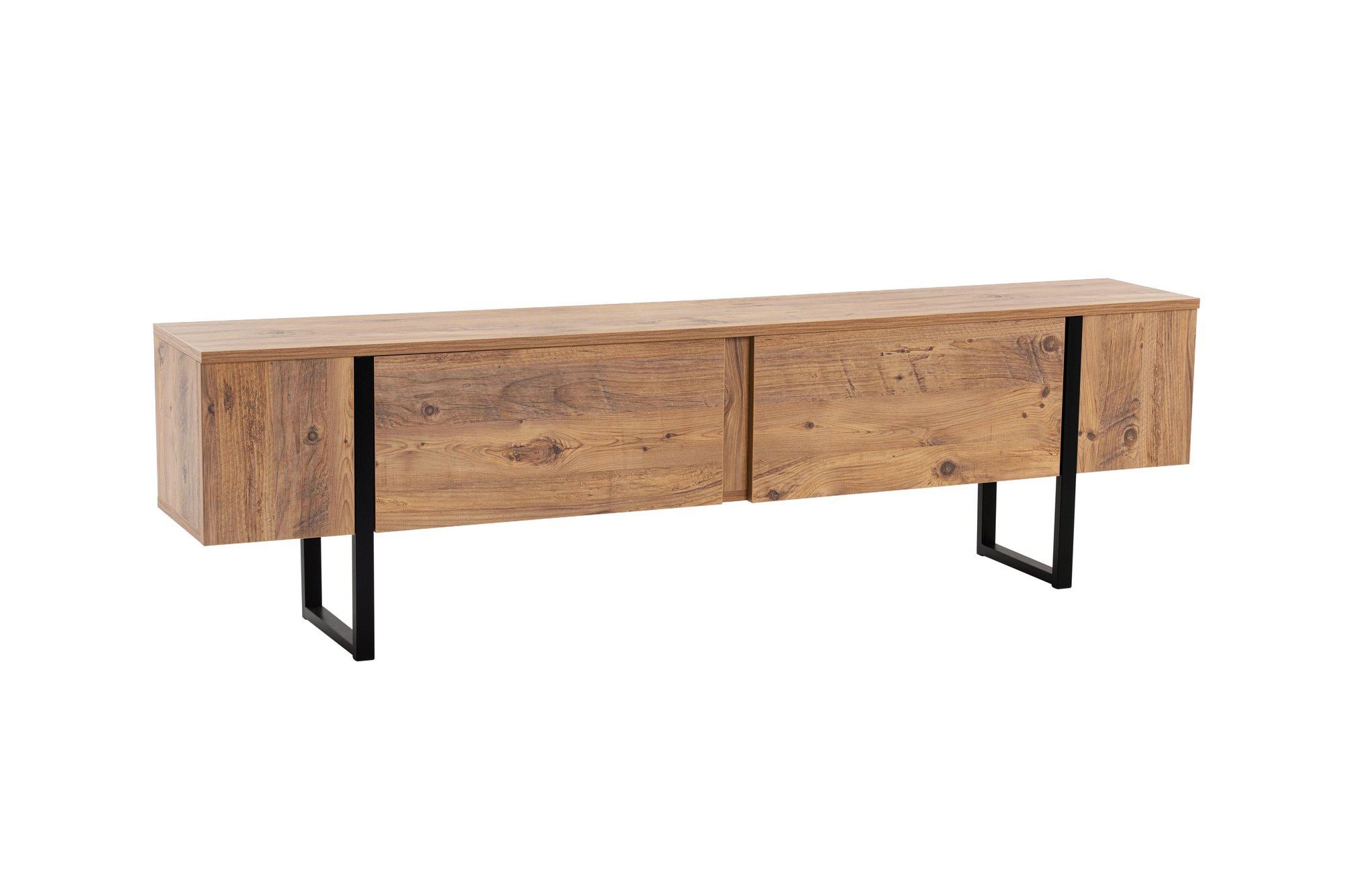 Suporte de TV elegante, pinho atlântico e preto, 180 x 50 x 29,5 cm | Painel de partículas 100% revestido de melamina, 18 mm de espessura | Design moderno para sala de estar