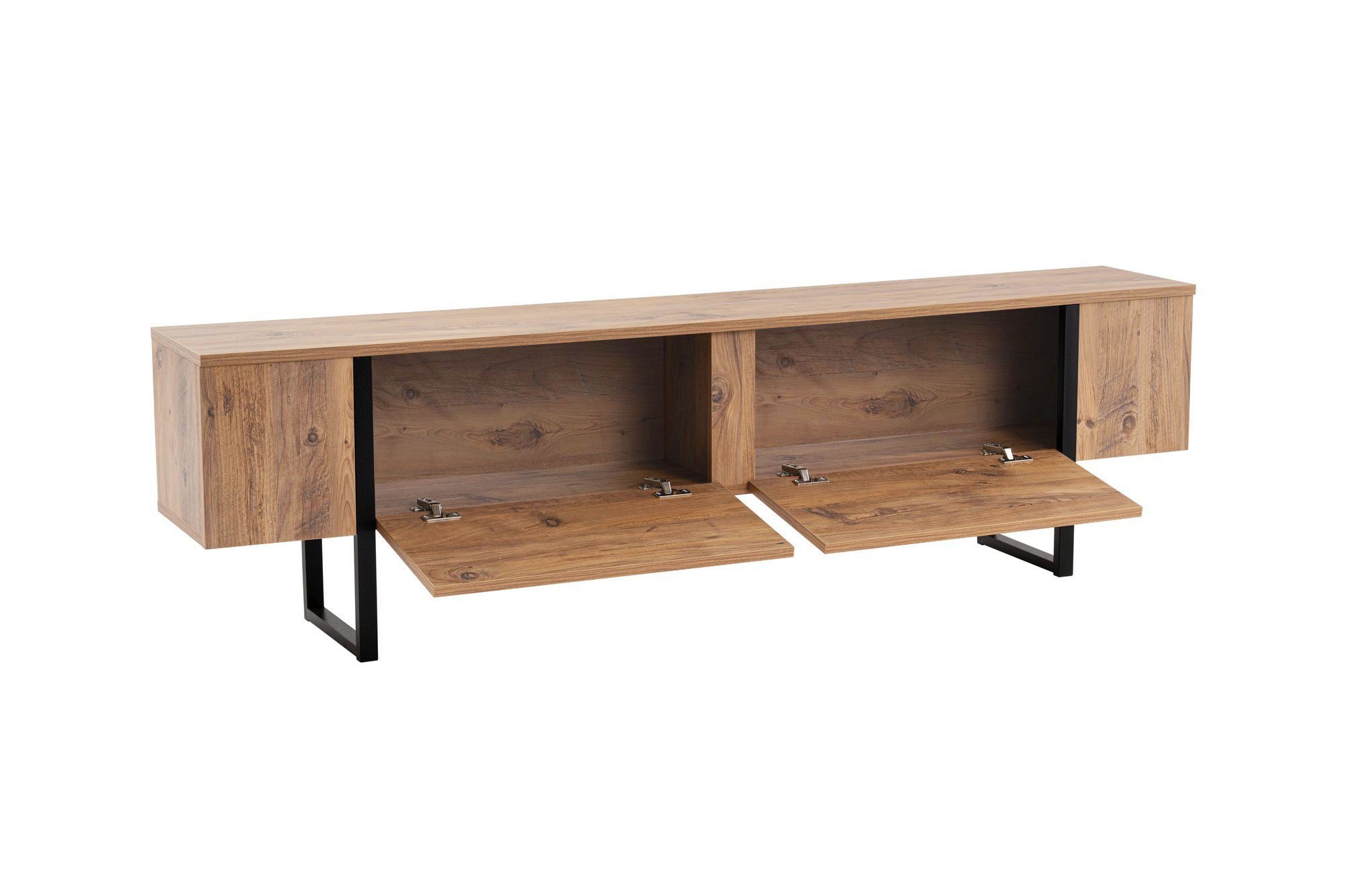 Suporte de TV elegante, pinho atlântico e preto, 180 x 50 x 29,5 cm | Painel de partículas 100% revestido de melamina, 18 mm de espessura | Design moderno para sala de estar