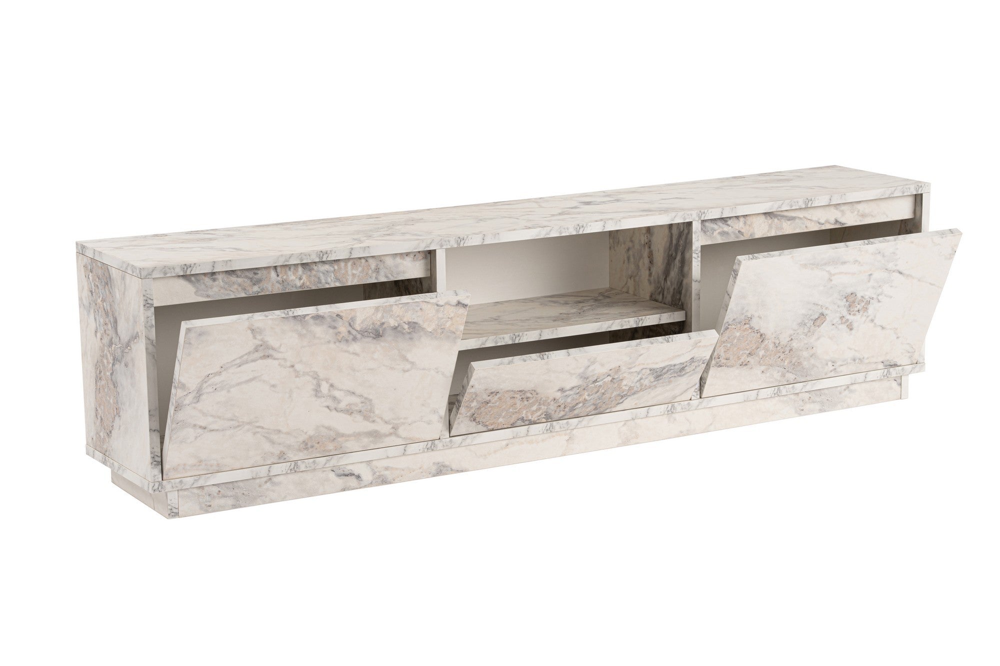 Suporte de TV elegante, mármore Freesia, 160 x 42 x 29,5 cm | Painel de partículas 100% revestido em melamina, 18 mm de espessura | Elegante e funcional para salas de estar modernas