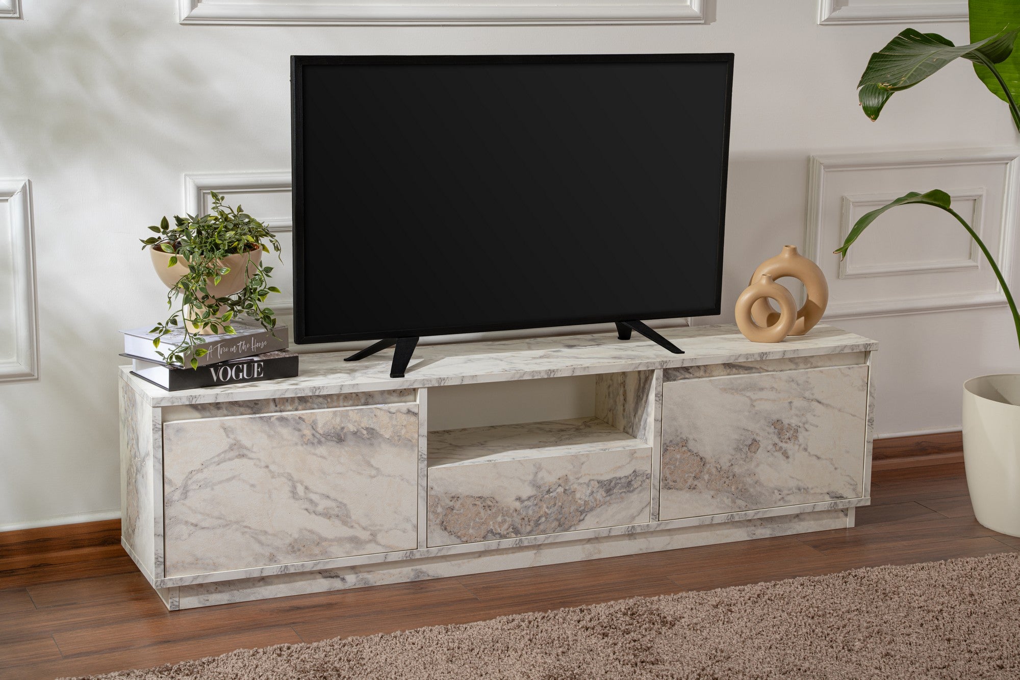Suporte de TV elegante, mármore Freesia, 160 x 42 x 29,5 cm | Painel de partículas 100% revestido em melamina, 18 mm de espessura | Elegante e funcional para salas de estar modernas