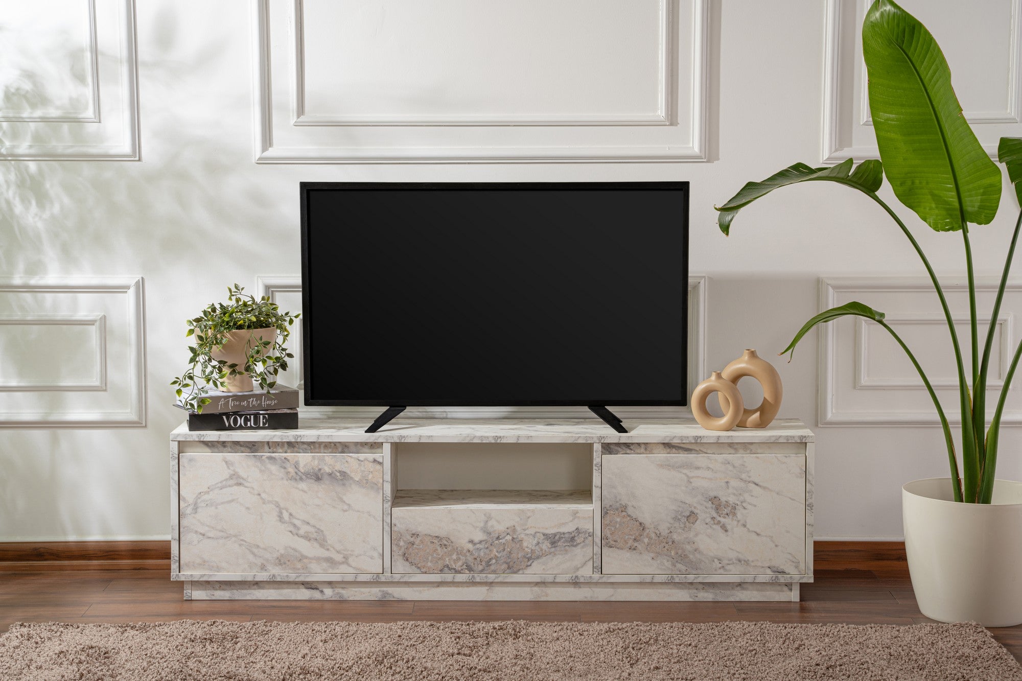 Suporte de TV elegante, mármore Freesia, 160 x 42 x 29,5 cm | Painel de partículas 100% revestido em melamina, 18 mm de espessura | Elegante e funcional para salas de estar modernas