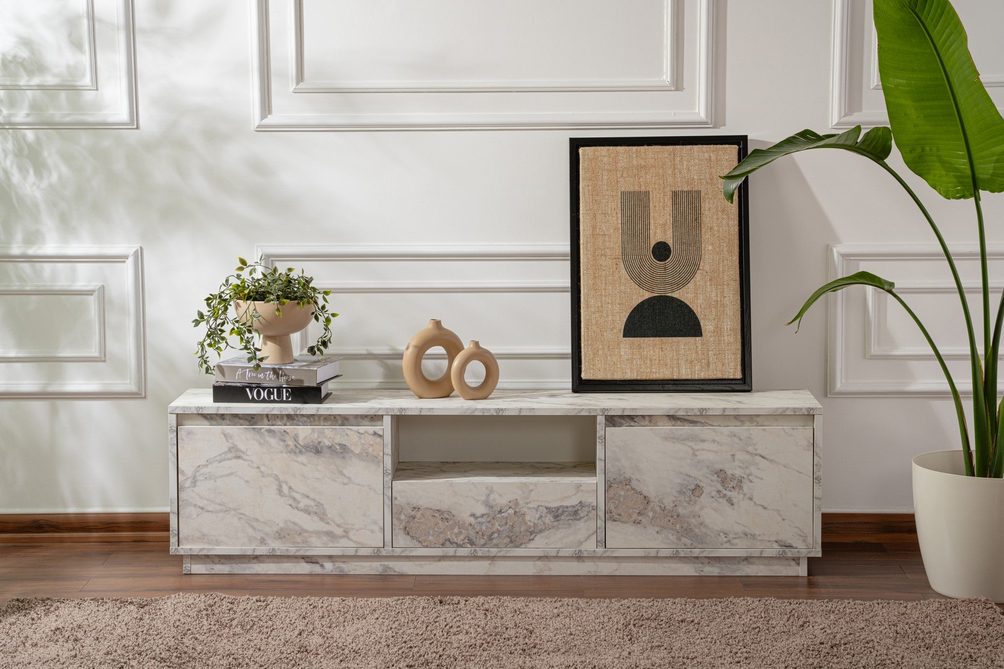 Suporte de TV elegante, mármore Freesia, 160 x 42 x 29,5 cm | Painel de partículas 100% revestido em melamina, 18 mm de espessura | Elegante e funcional para salas de estar modernas