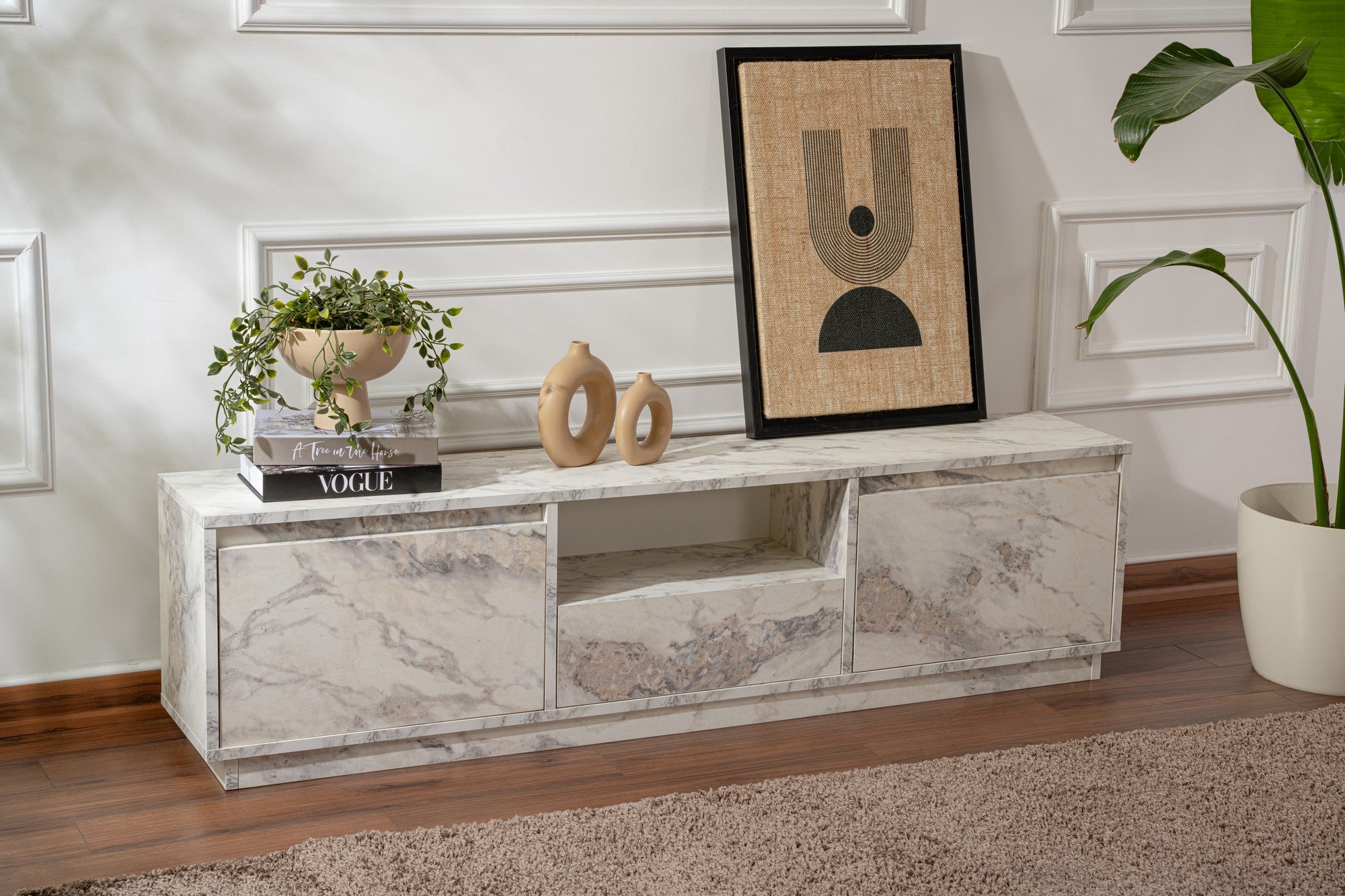 Suporte de TV elegante, mármore Freesia, 160 x 42 x 29,5 cm | Painel de partículas 100% revestido em melamina, 18 mm de espessura | Elegante e funcional para salas de estar modernas