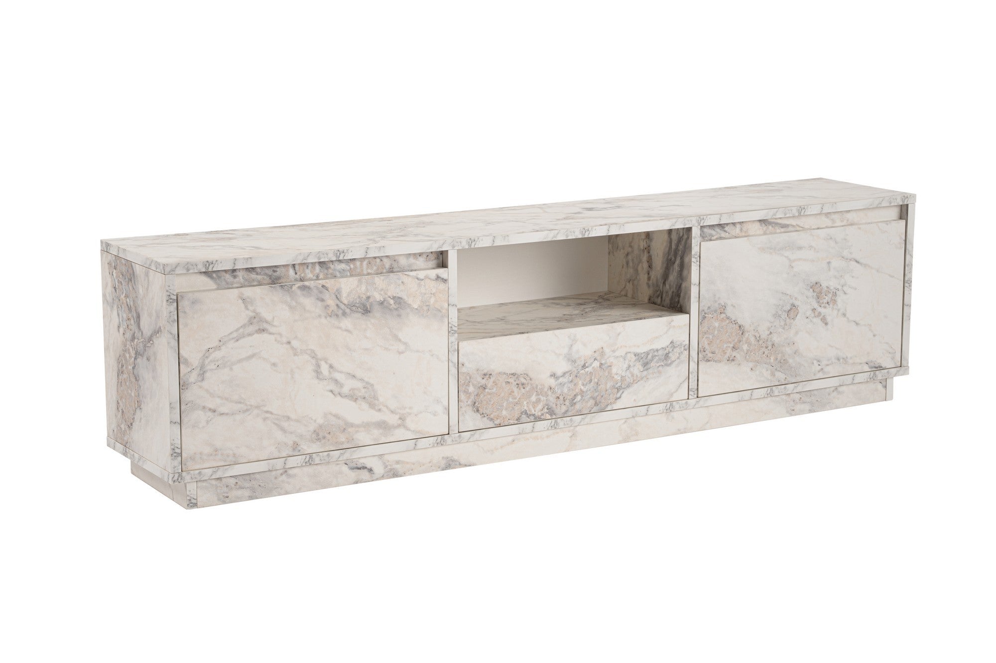 Suporte de TV elegante, mármore Freesia, 160 x 42 x 29,5 cm | Painel de partículas 100% revestido em melamina, 18 mm de espessura | Elegante e funcional para salas de estar modernas