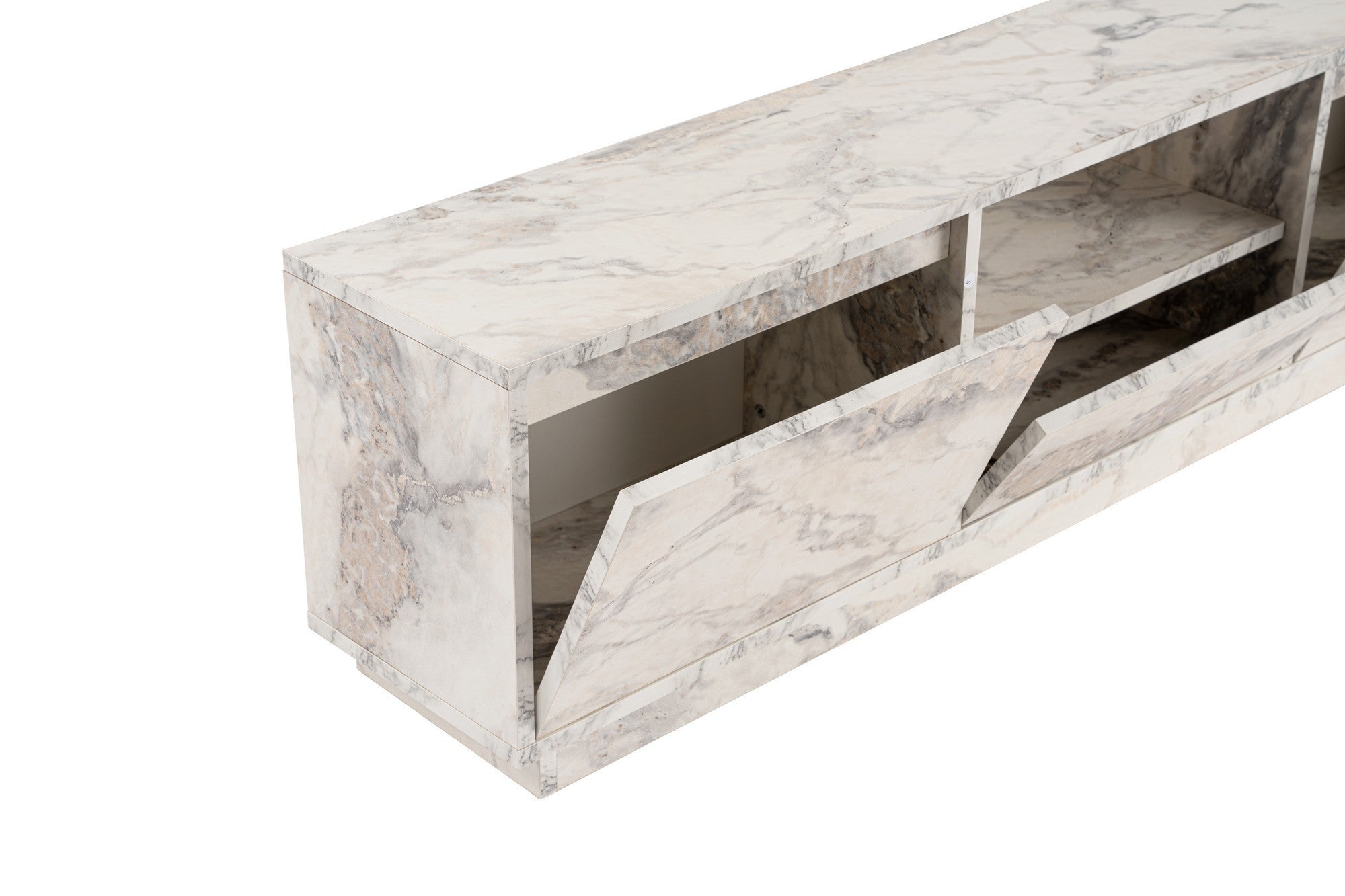 Suporte de TV elegante, mármore Freesia, 160 x 42 x 29,5 cm | Painel de partículas 100% revestido em melamina, 18 mm de espessura | Elegante e funcional para salas de estar modernas
