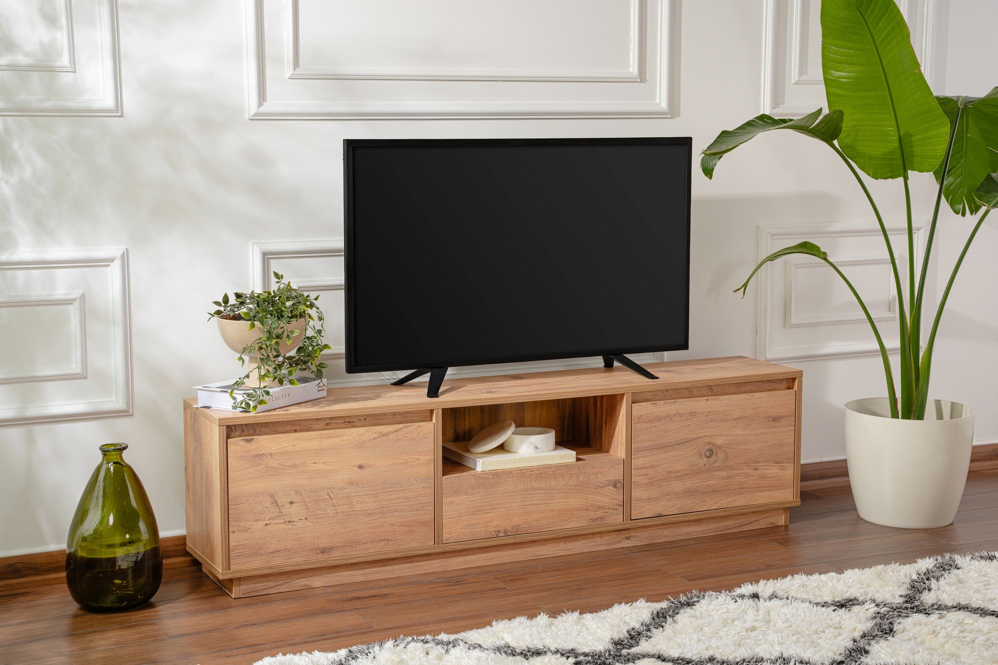 Suporte de TV elegante, pinho atlântico, 160 x 42 x 29,5 cm | Painel de partículas 100% revestido de melamina, 18 mm de espessura | Perfeito para salas de estar e espaços de entretenimento modernos
