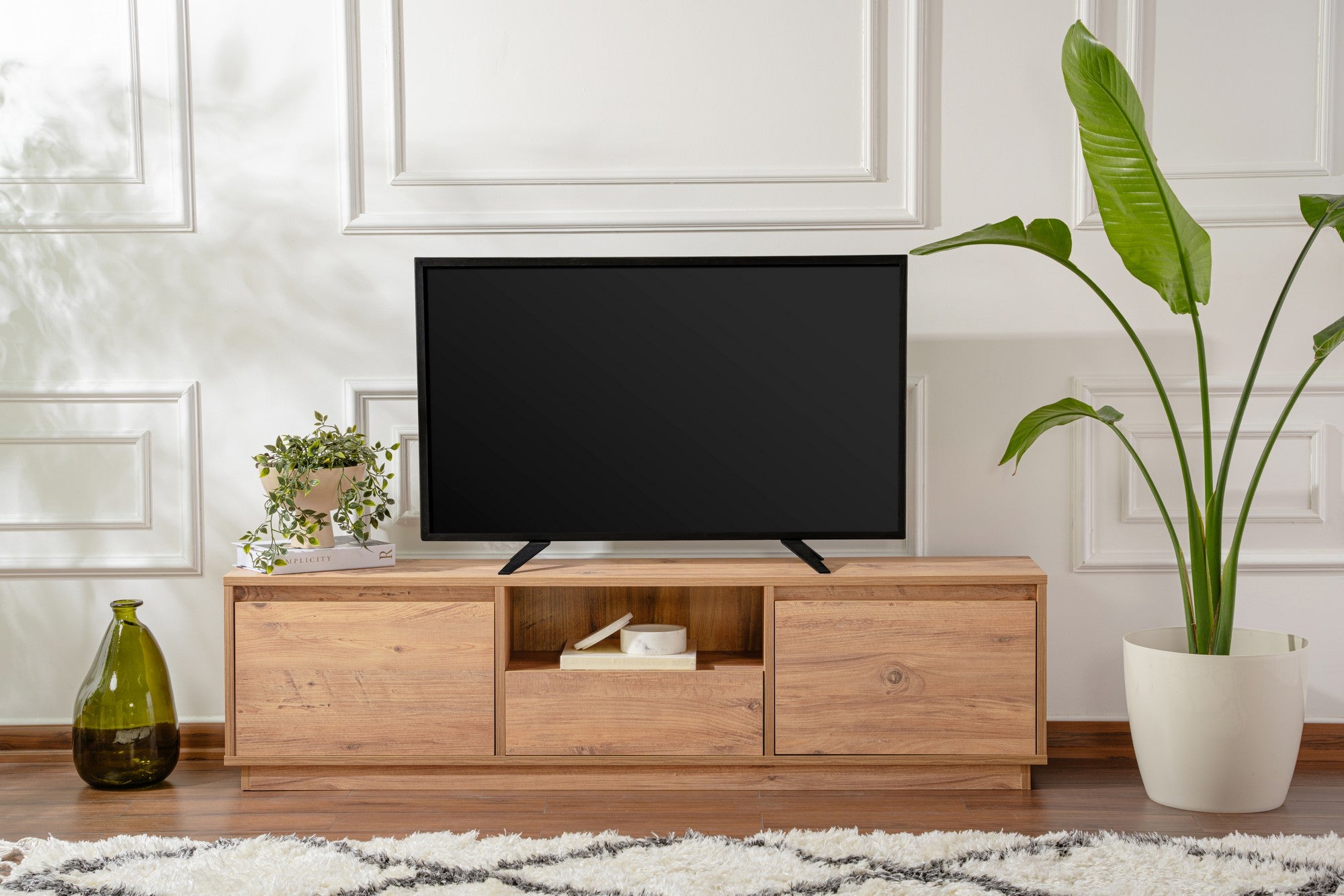Suporte de TV elegante, pinho atlântico, 160 x 42 x 29,5 cm | Painel de partículas 100% revestido de melamina, 18 mm de espessura | Perfeito para salas de estar e espaços de entretenimento modernos