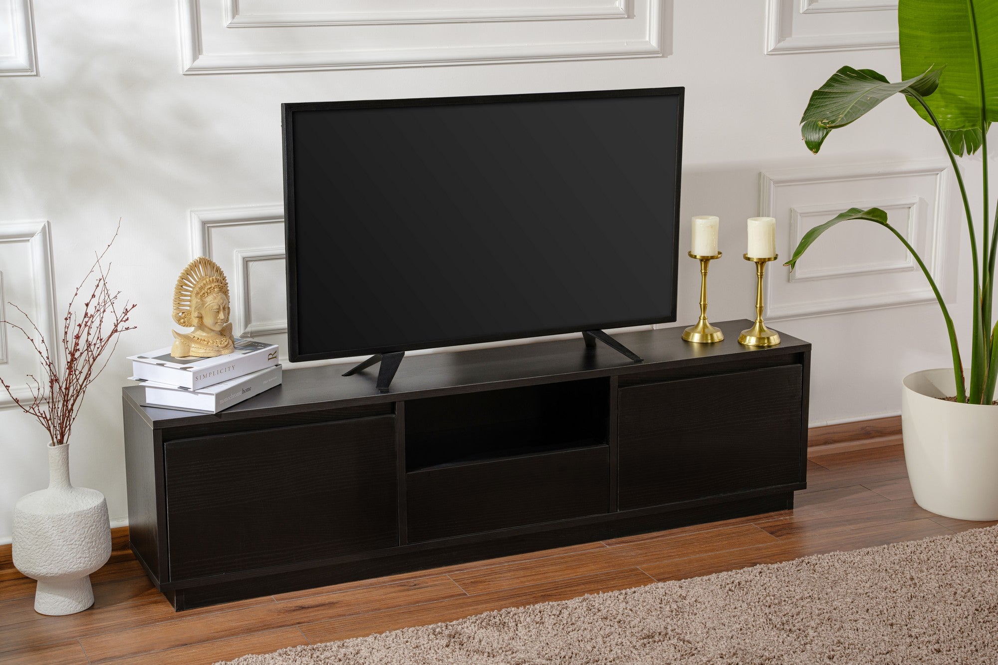 Suporte de TV elegante, preto, 160 cm de largura, 42 cm de altura, 29,5 cm de profundidade | Painel de partículas 100% revestido de melamina, 18 mm de espessura | Perfeito para salas de estar modernas