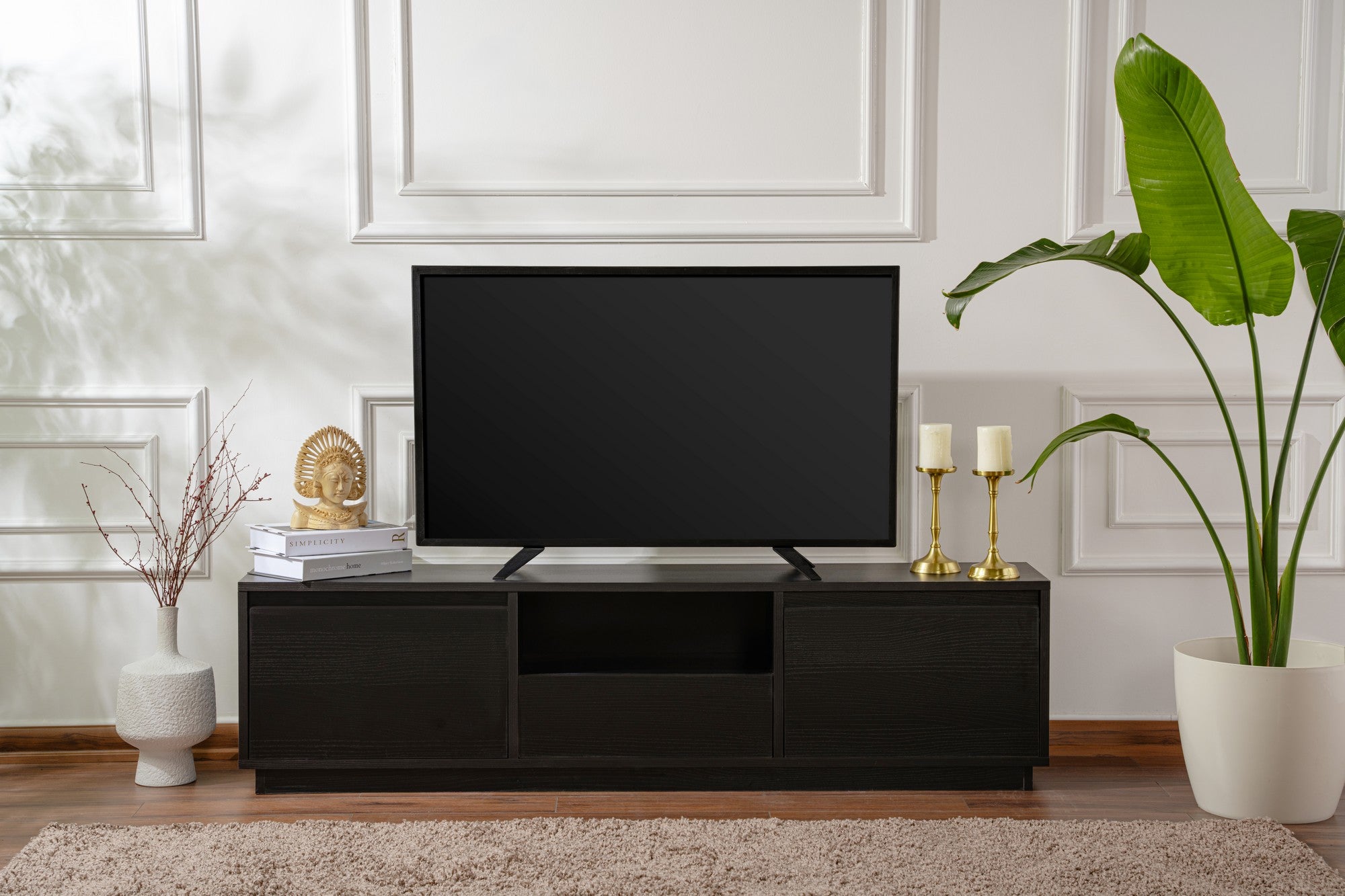 Suporte de TV elegante, preto, 160 cm de largura, 42 cm de altura, 29,5 cm de profundidade | Painel de partículas 100% revestido de melamina, 18 mm de espessura | Perfeito para salas de estar modernas
