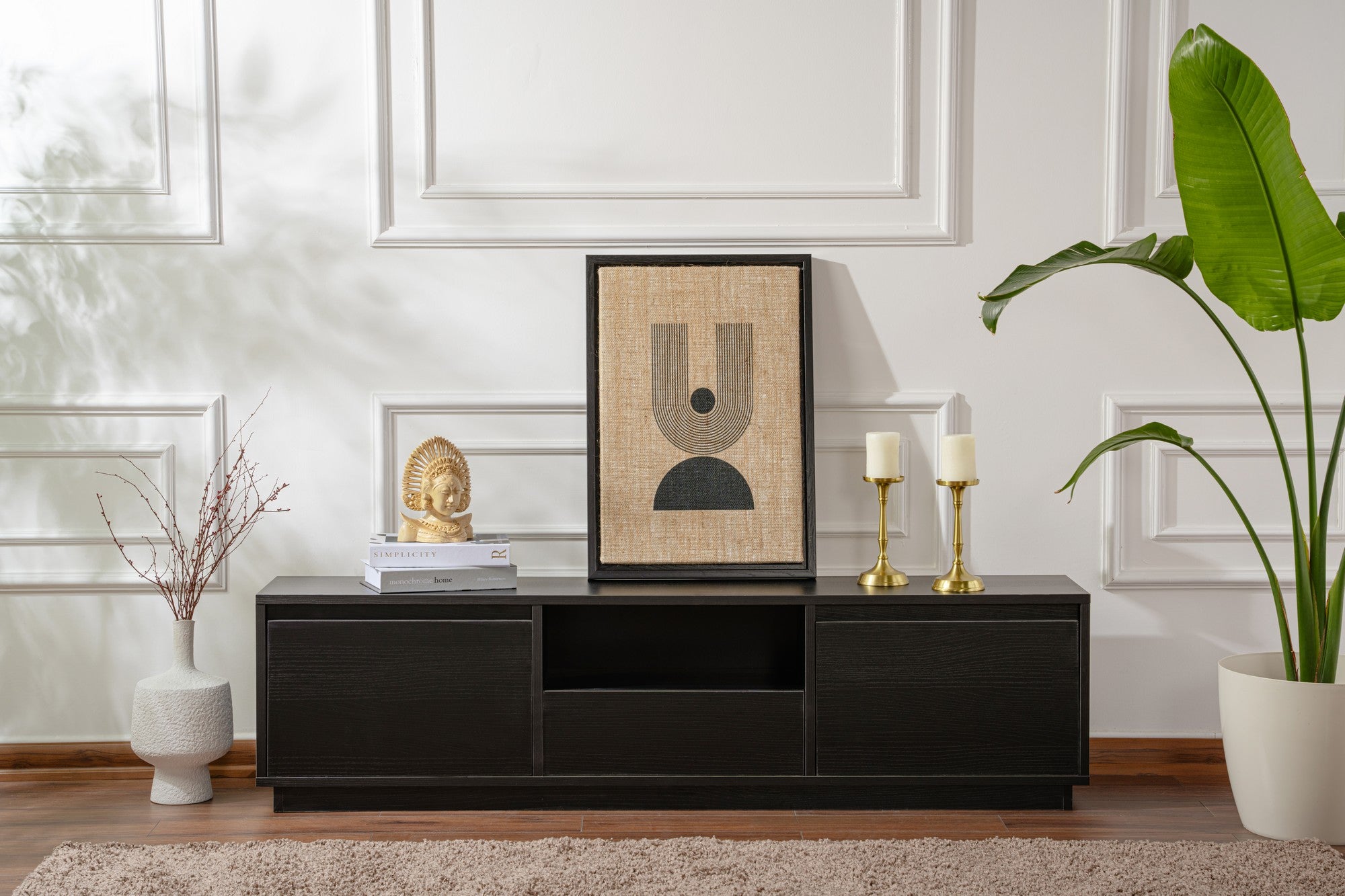 Suporte de TV elegante, preto, 160 cm de largura, 42 cm de altura, 29,5 cm de profundidade | Painel de partículas 100% revestido de melamina, 18 mm de espessura | Perfeito para salas de estar modernas