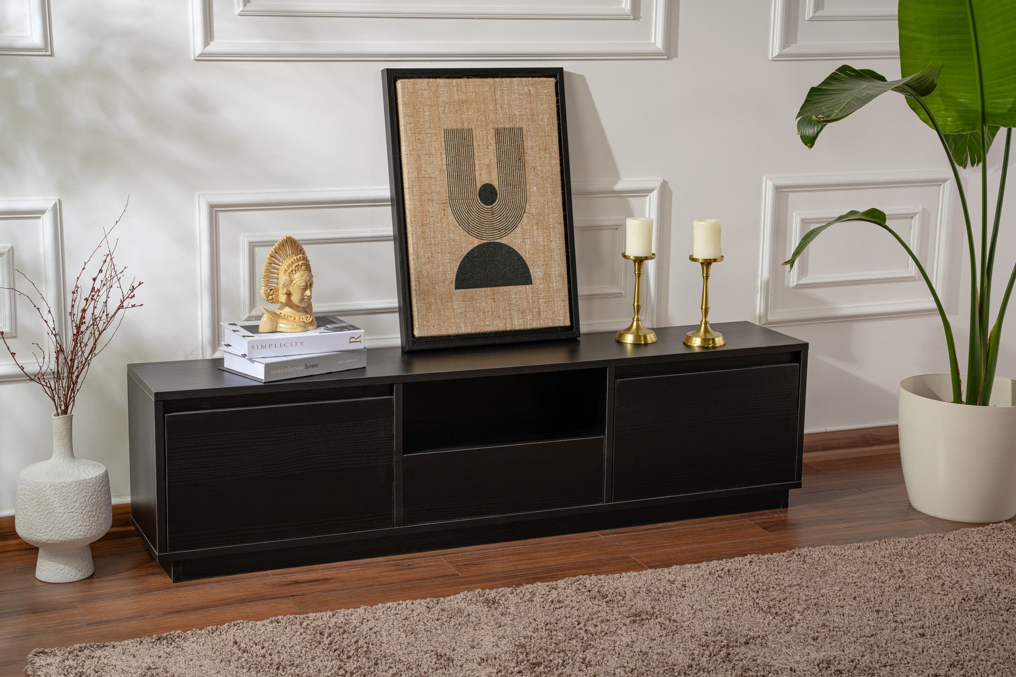 Suporte de TV elegante, preto, 160 cm de largura, 42 cm de altura, 29,5 cm de profundidade | Painel de partículas 100% revestido de melamina, 18 mm de espessura | Perfeito para salas de estar modernas