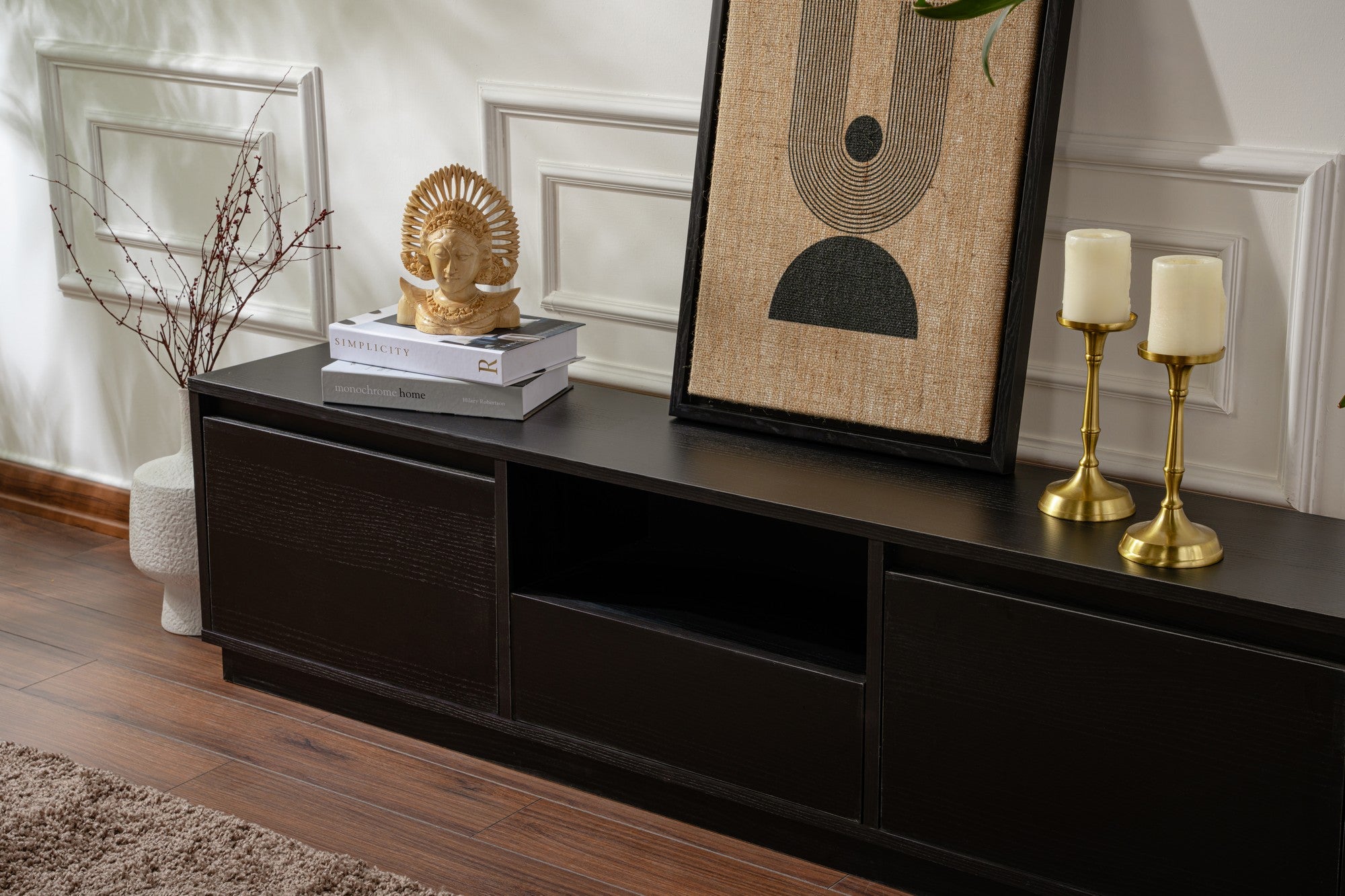 Suporte de TV elegante, preto, 160 cm de largura, 42 cm de altura, 29,5 cm de profundidade | Painel de partículas 100% revestido de melamina, 18 mm de espessura | Perfeito para salas de estar modernas