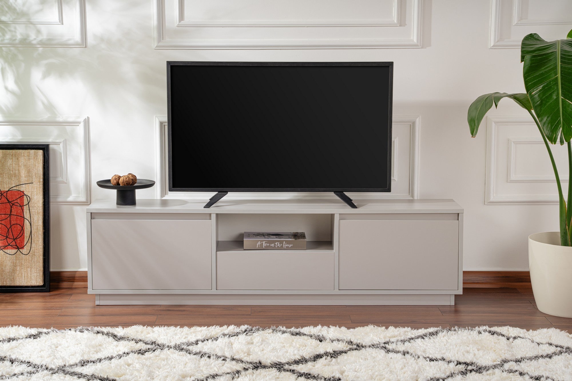Suporte de TV cinza elegante, 160 cm de largura, 42 cm de altura, 29,5 cm de profundidade | Painel de partículas 100% revestido de melamina, 18 mm de espessura | Perfeito para salas de estar modernas