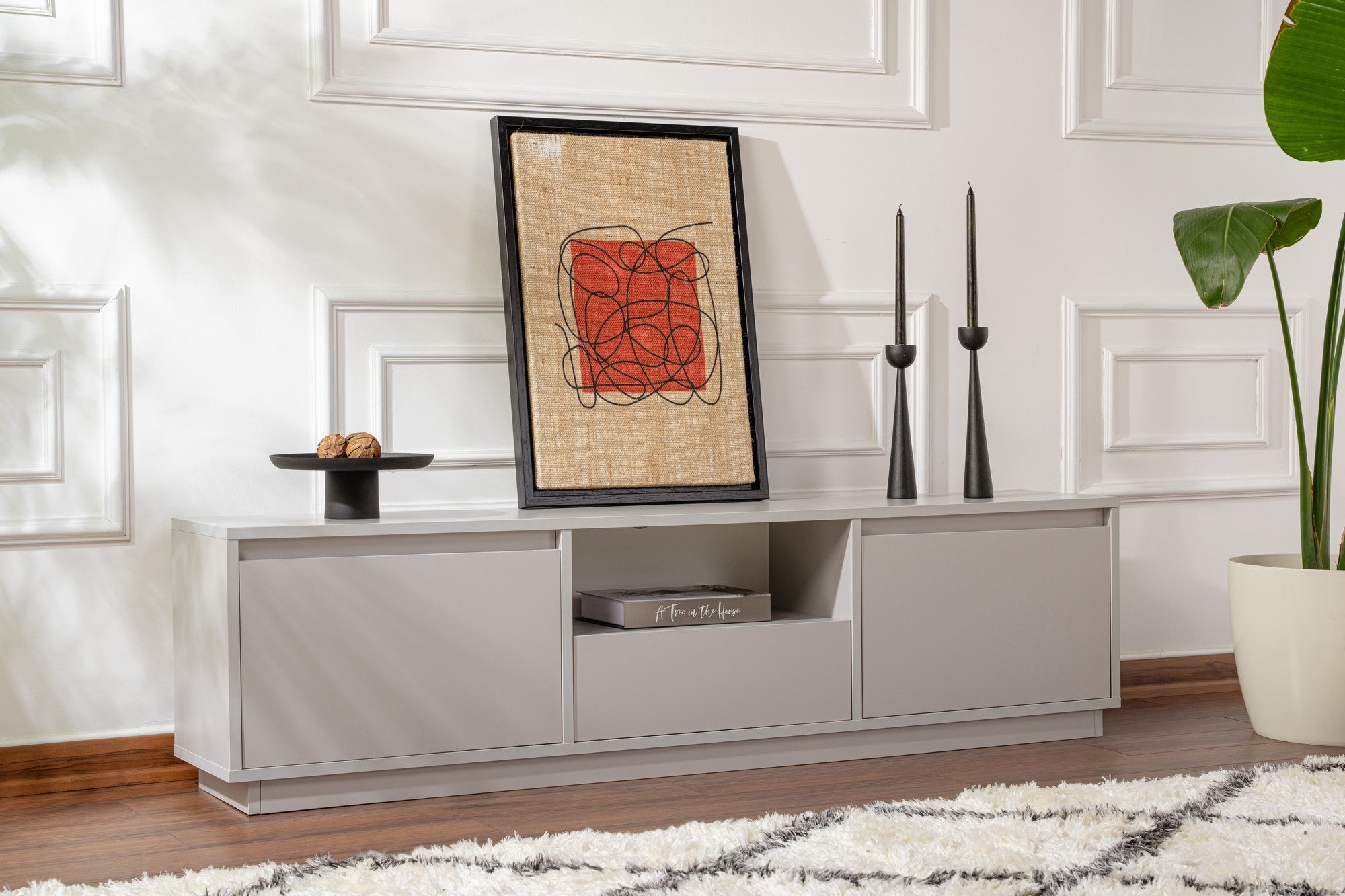 Móvel de TV cinza elegante, 160 cm de largura, 42 cm de altura, 29,5 cm de profundidade | Painel de partículas 100% revestido de melamina, 18 mm de espessura | Perfeito para salas de estar modernas