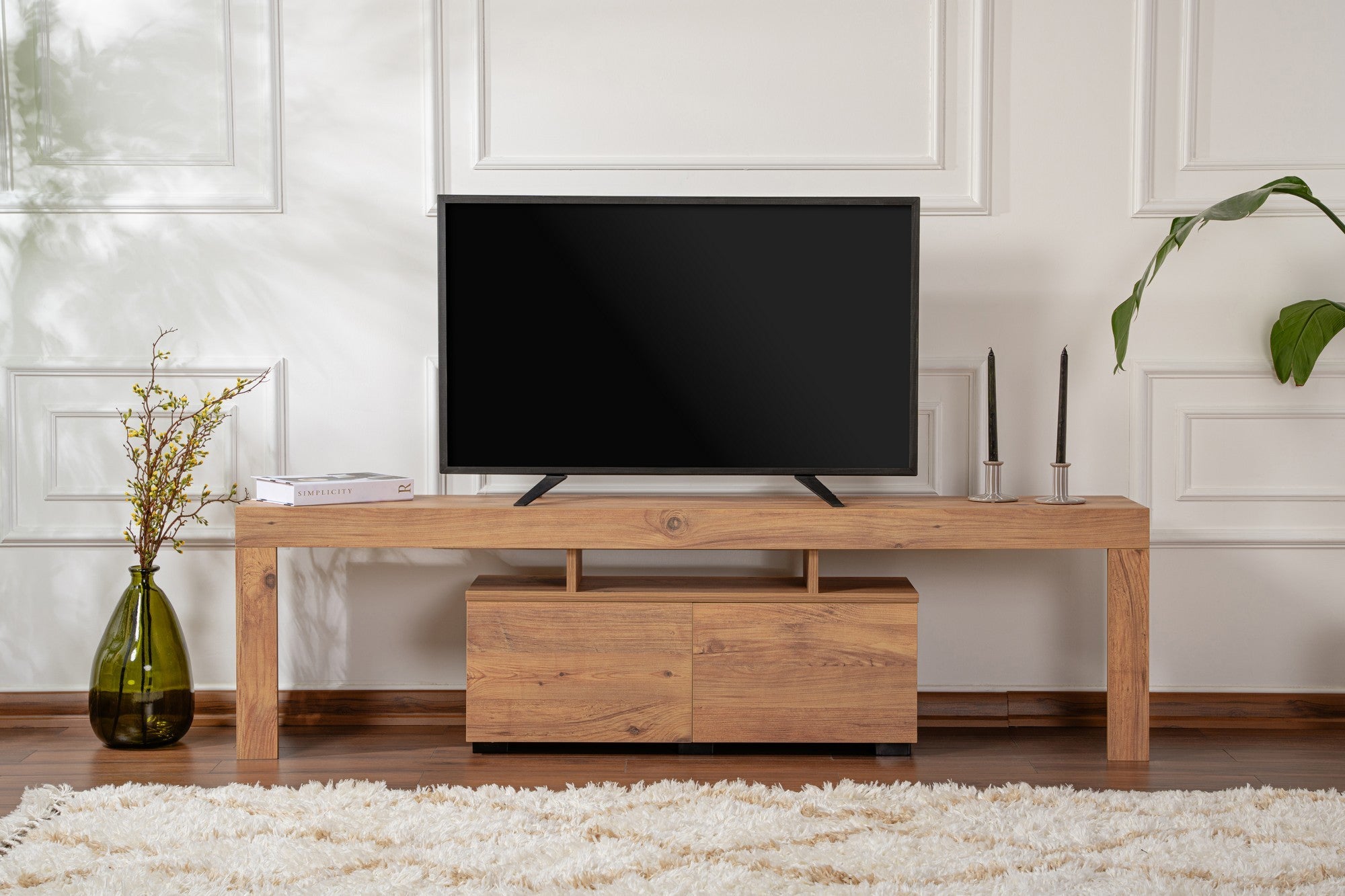 Suporte de TV elegante, pinho atlântico, 180 x 50 x 31,3 cm | Painel de partículas 100% revestido de melamina, 18 mm de espessura | Perfeito para salas de estar e espaços de entretenimento modernos