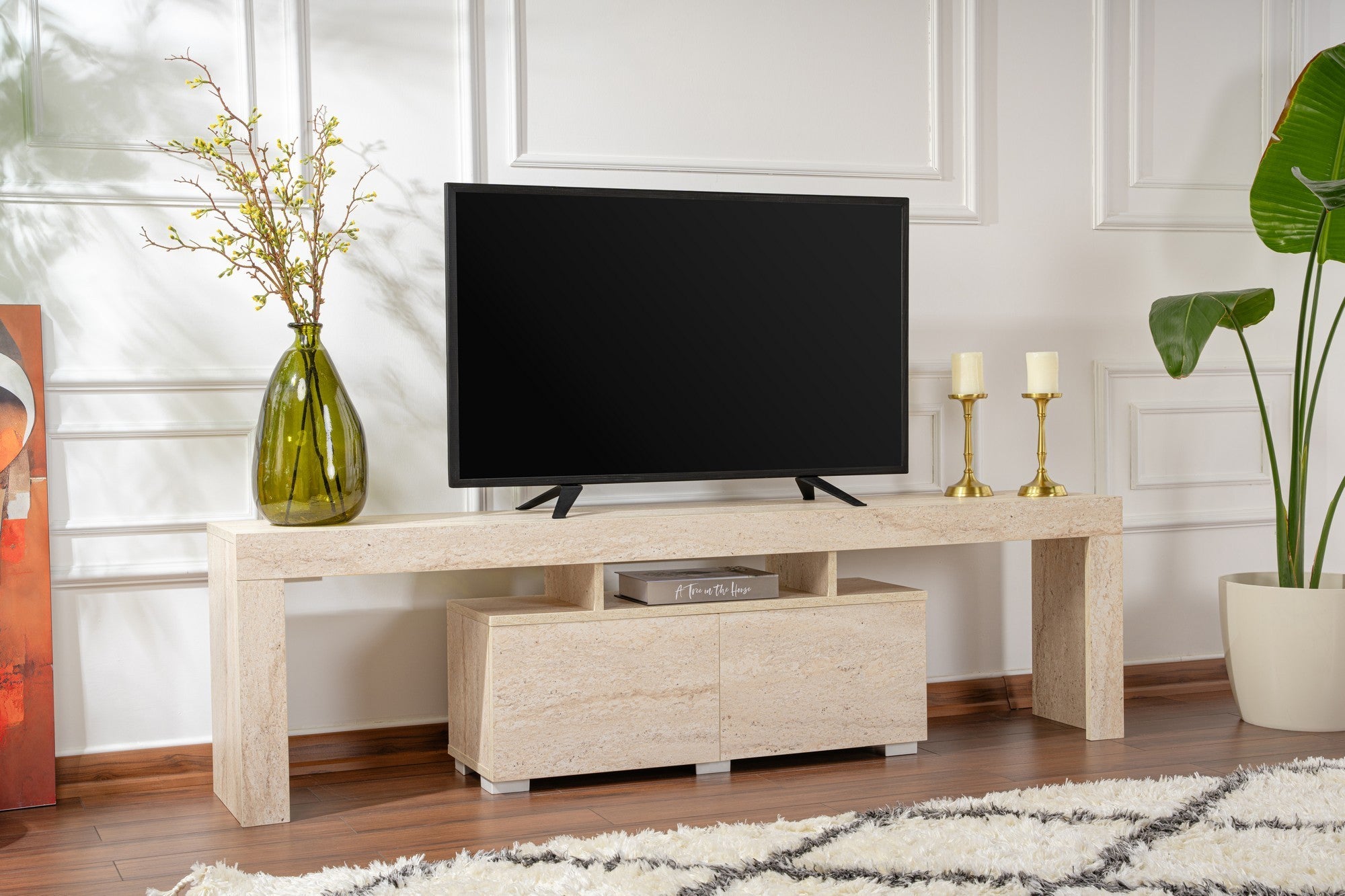Elegante Móvel de TV na cor Travertino, 180 cm de largura, 50 cm de altura, 31,3 cm de profundidade | Painel de partículas 100% revestido de melamina, 18 mm de espessura | Design elegante em mármore