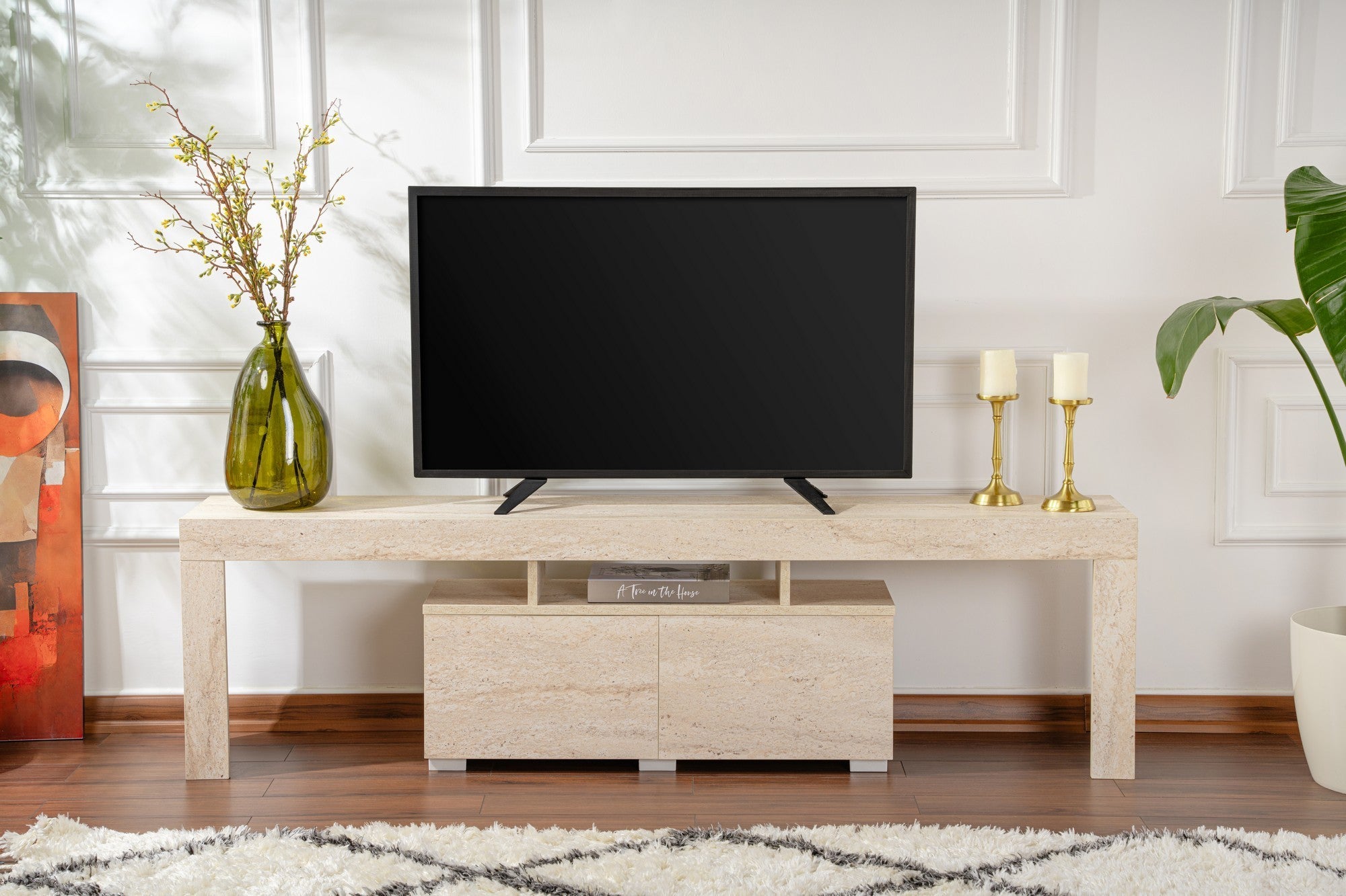 Elegante Móvel de TV na cor Travertino, 180 cm de largura, 50 cm de altura, 31,3 cm de profundidade | Painel de partículas 100% revestido de melamina, 18 mm de espessura | Design elegante em mármore