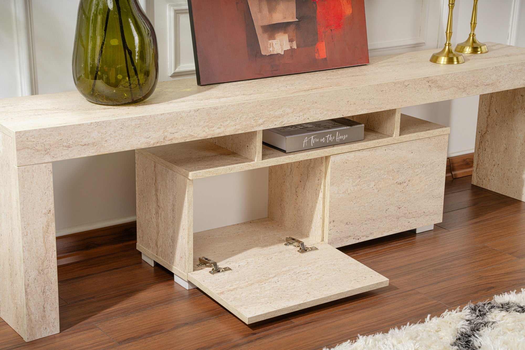 Elegante Móvel de TV na cor Travertino, 180 cm de largura, 50 cm de altura, 31,3 cm de profundidade | Painel de partículas 100% revestido de melamina, 18 mm de espessura | Design elegante em mármore