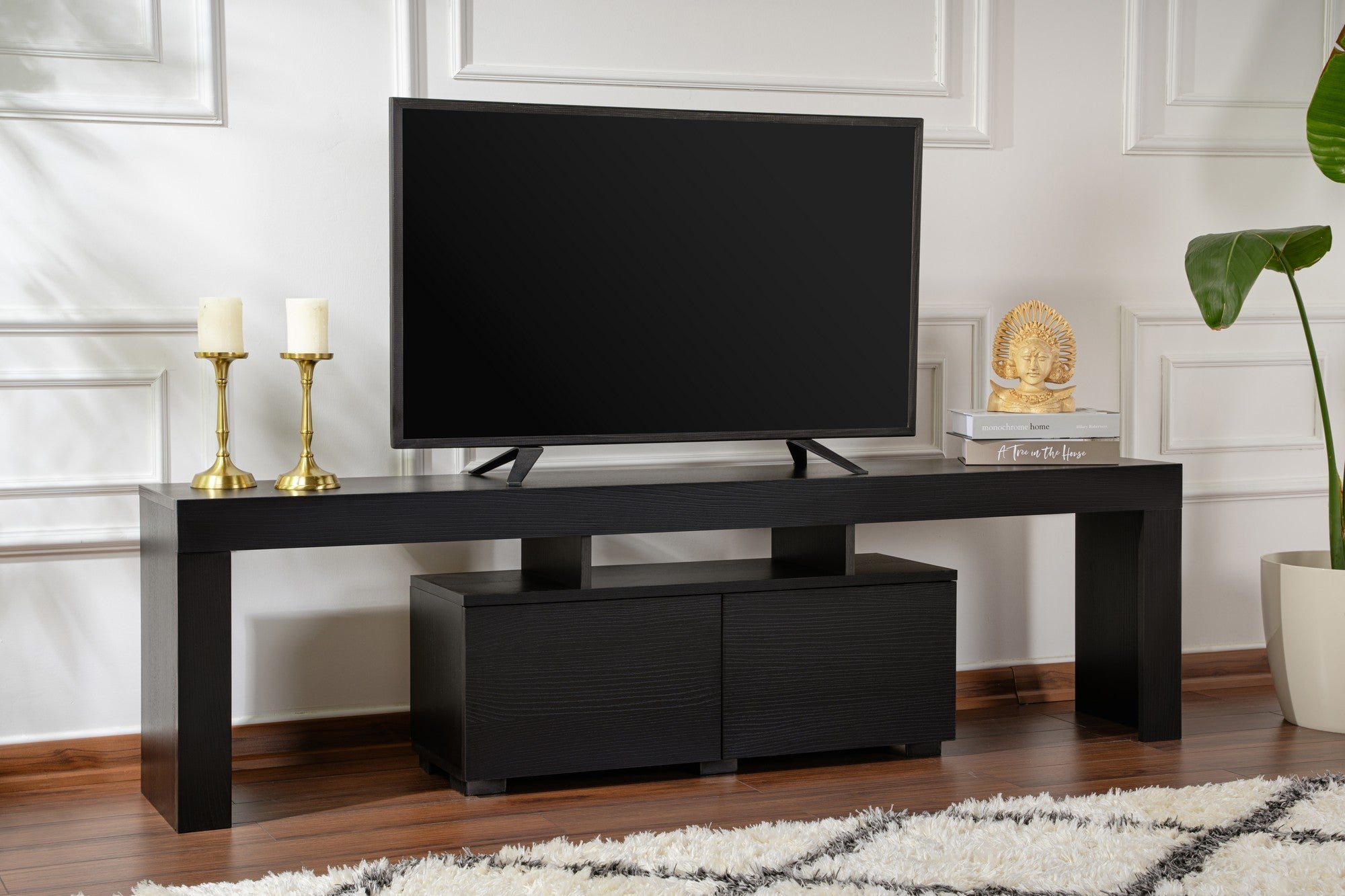 Suporte de TV elegante, preto, 180 cm de largura, 50 cm de altura, 31,3 cm de profundidade | Painel de partículas 100% revestido de melamina, 18 mm de espessura | Perfeito para salas de estar modernas