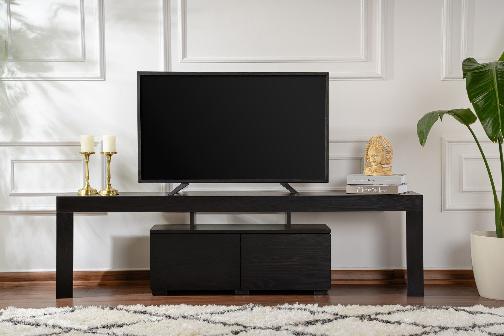 Suporte de TV elegante, preto, 180 cm de largura, 50 cm de altura, 31,3 cm de profundidade | Painel de partículas 100% revestido de melamina, 18 mm de espessura | Perfeito para salas de estar modernas