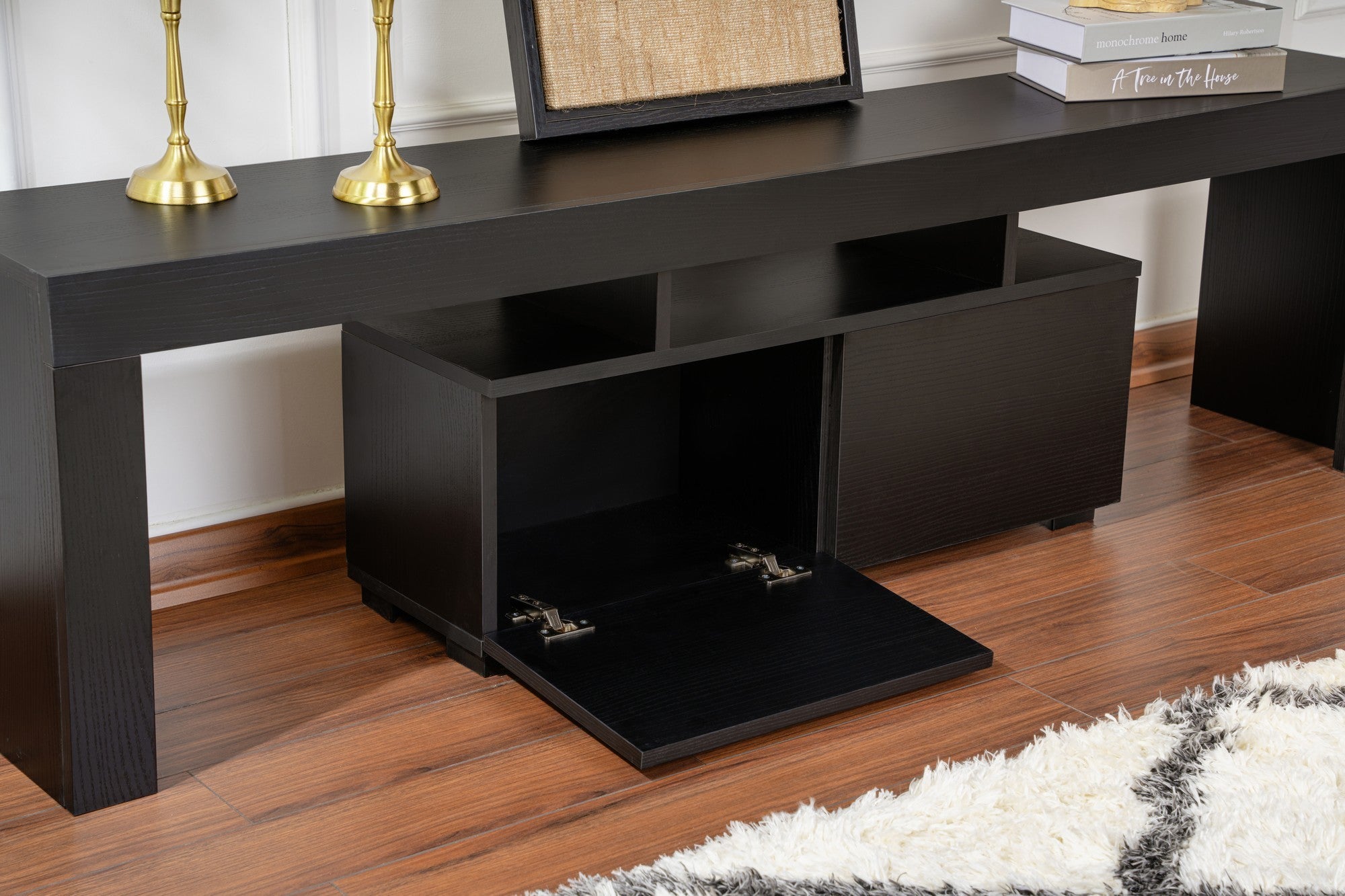 Suporte de TV elegante, preto, 180 cm de largura, 50 cm de altura, 31,3 cm de profundidade | Painel de partículas 100% revestido de melamina, 18 mm de espessura | Perfeito para salas de estar modernas