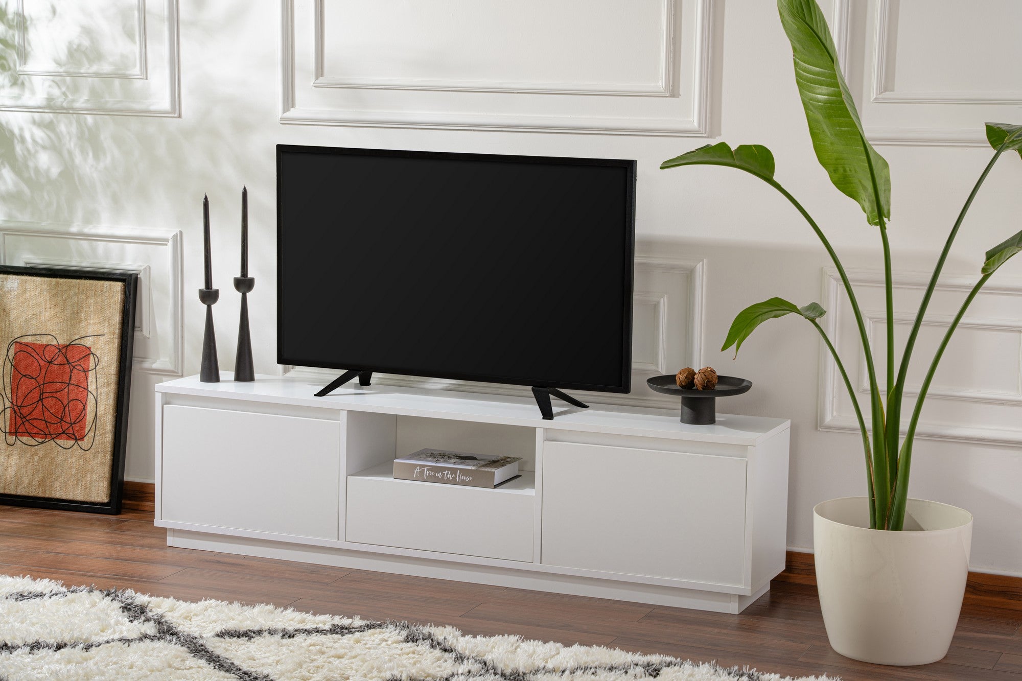Suporte de TV elegante, branco natural, 160 x 42 x 29,5 cm | Painel de partículas 100% revestido de melamina, 18 mm de espessura | Perfeito para salas de estar e espaços de entretenimento modernos