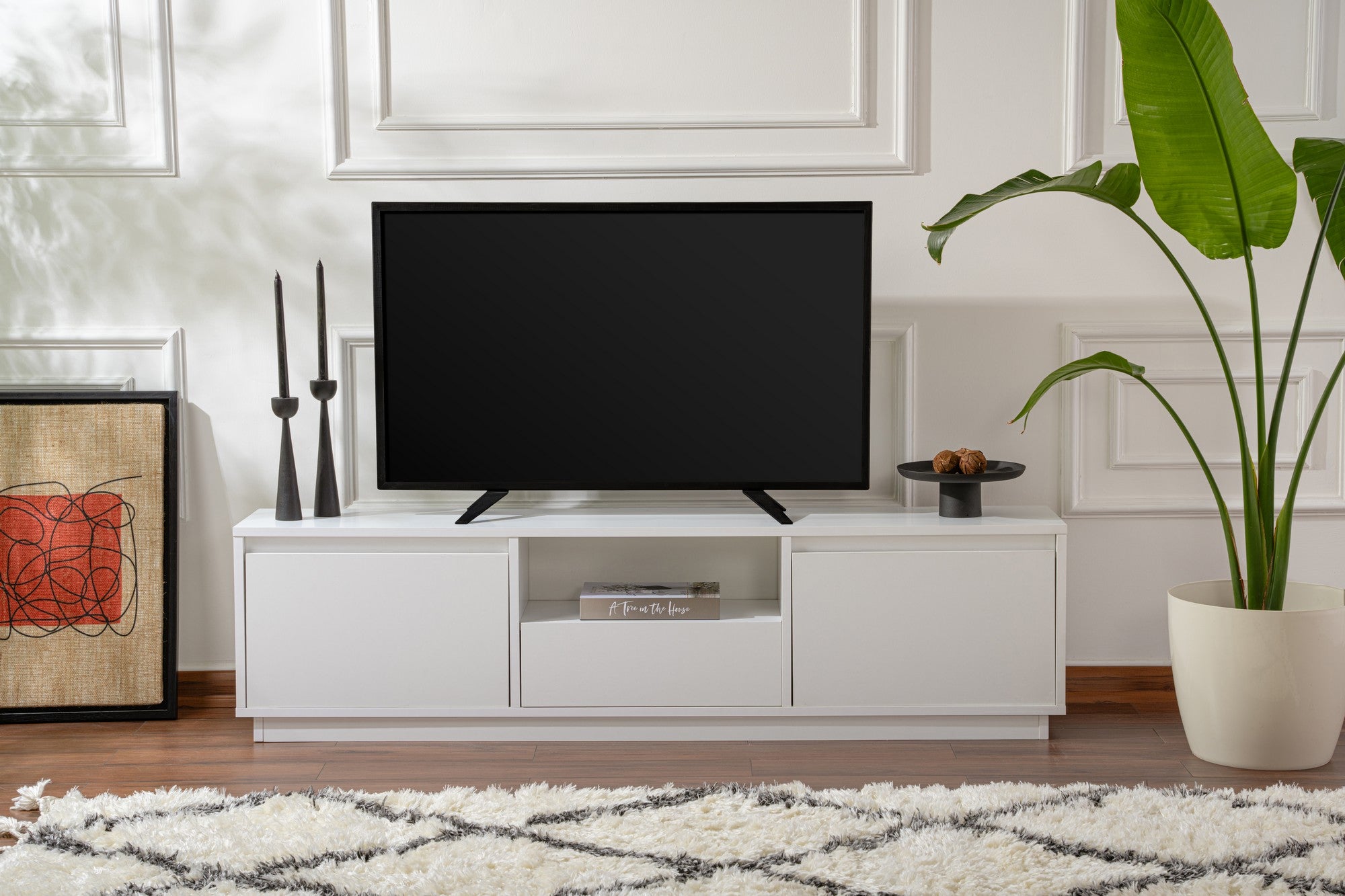 Suporte de TV elegante, branco natural, 160 x 42 x 29,5 cm | Painel de partículas 100% revestido de melamina, 18 mm de espessura | Perfeito para salas de estar e espaços de entretenimento modernos