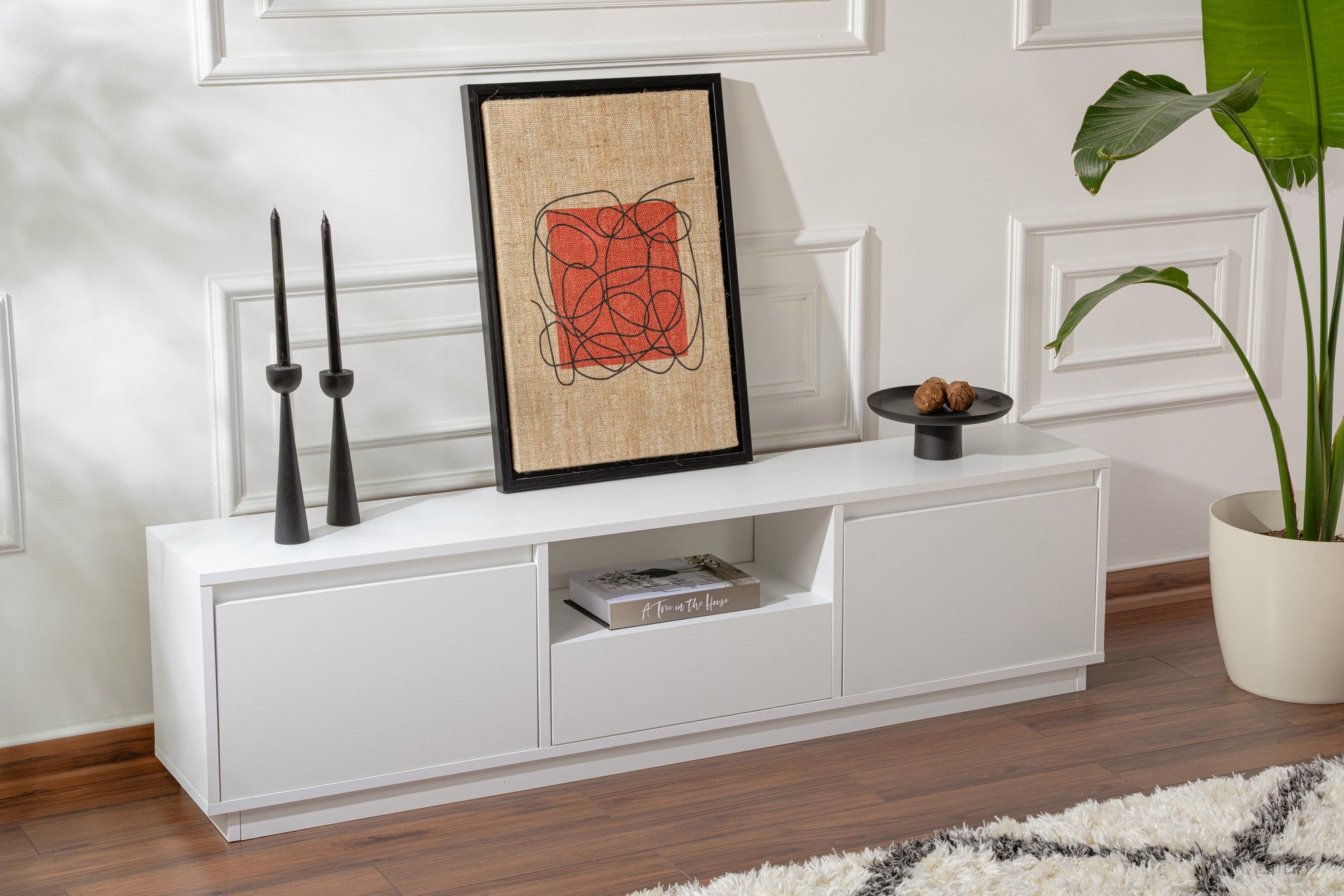 Suporte de TV elegante, branco natural, 160 x 42 x 29,5 cm | Painel de partículas 100% revestido de melamina, 18 mm de espessura | Perfeito para salas de estar e espaços de entretenimento modernos